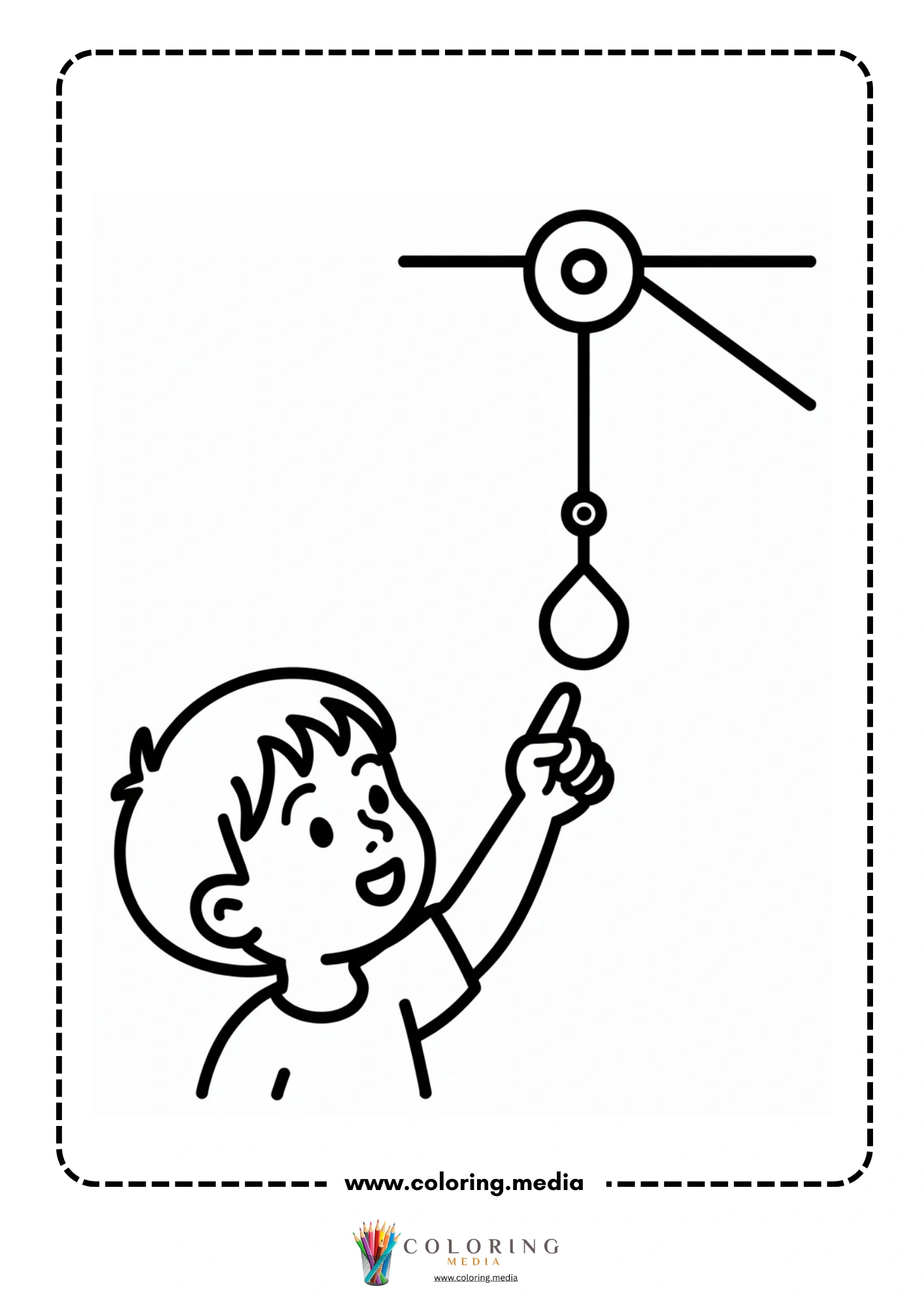 Pulley coloring page with boy learning about a pulley