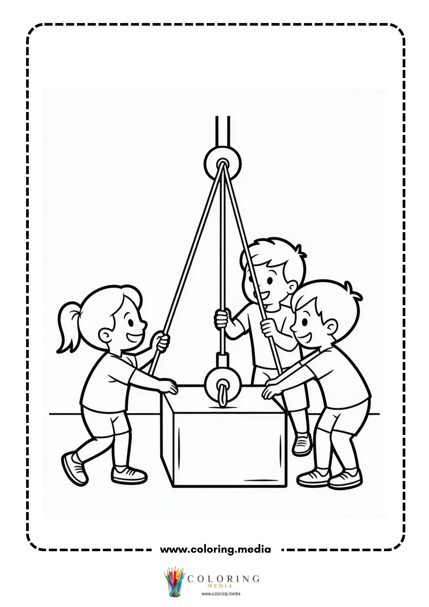 Pulley coloring page with hook and pulley wheel diagram