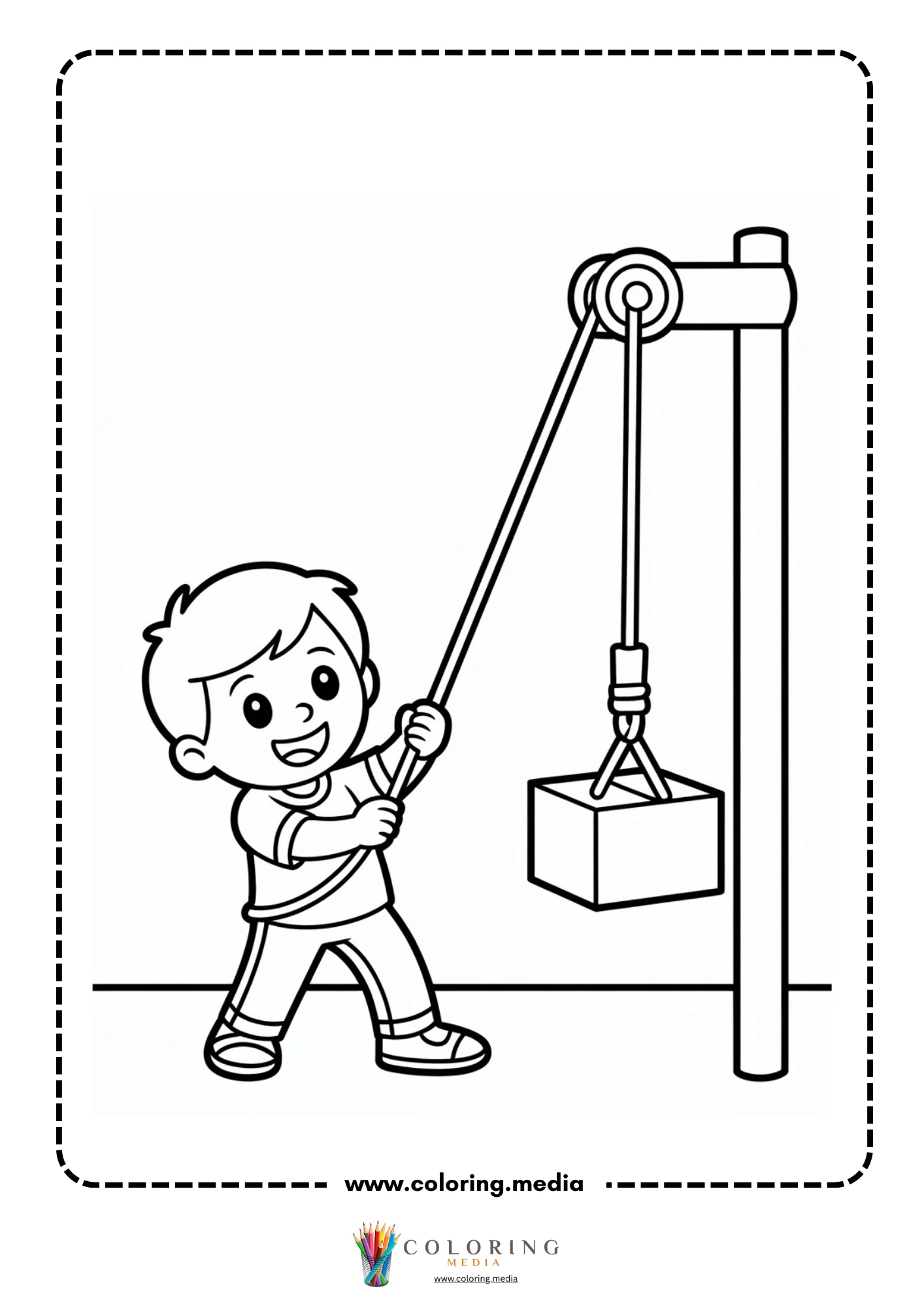 Pulley coloring page with rope system and suspended load