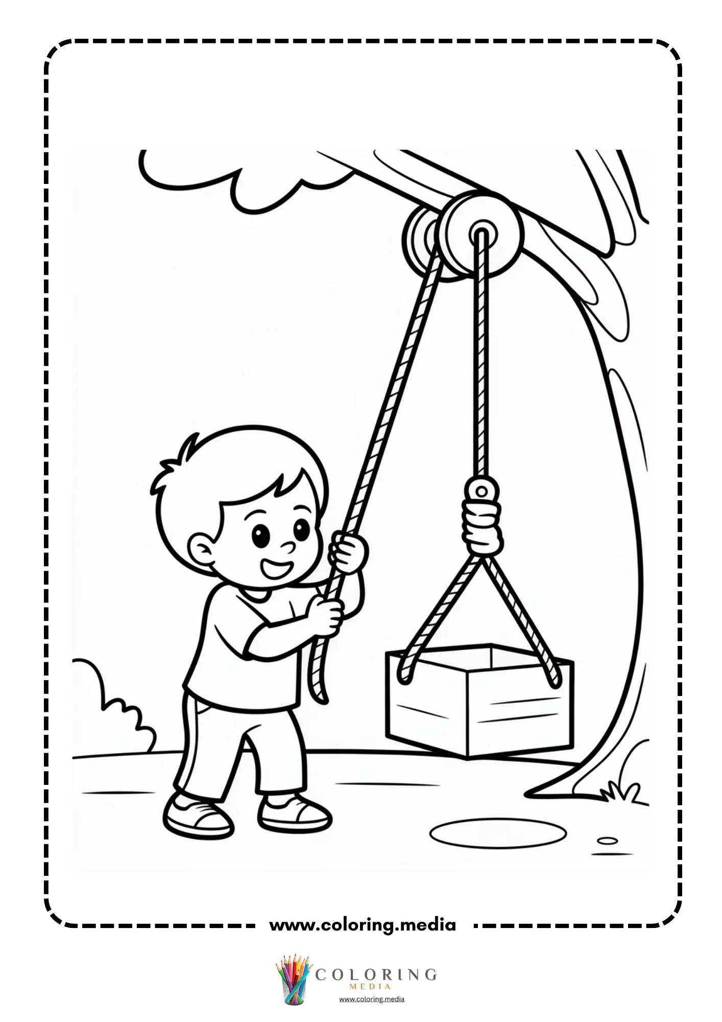Pulley coloring page with classroom simple machine example