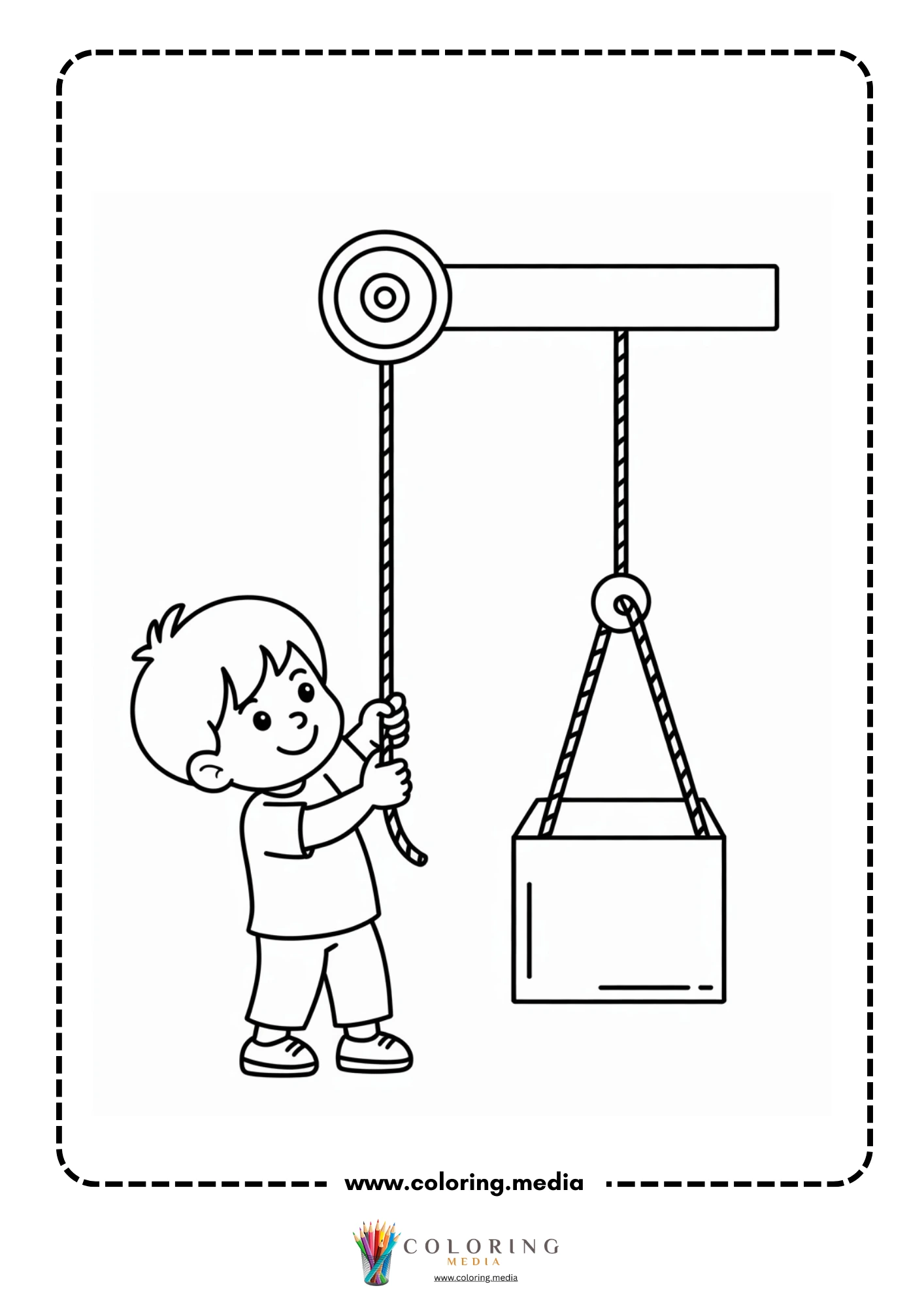 Pulley coloring page with well bucket and overhead wheel
