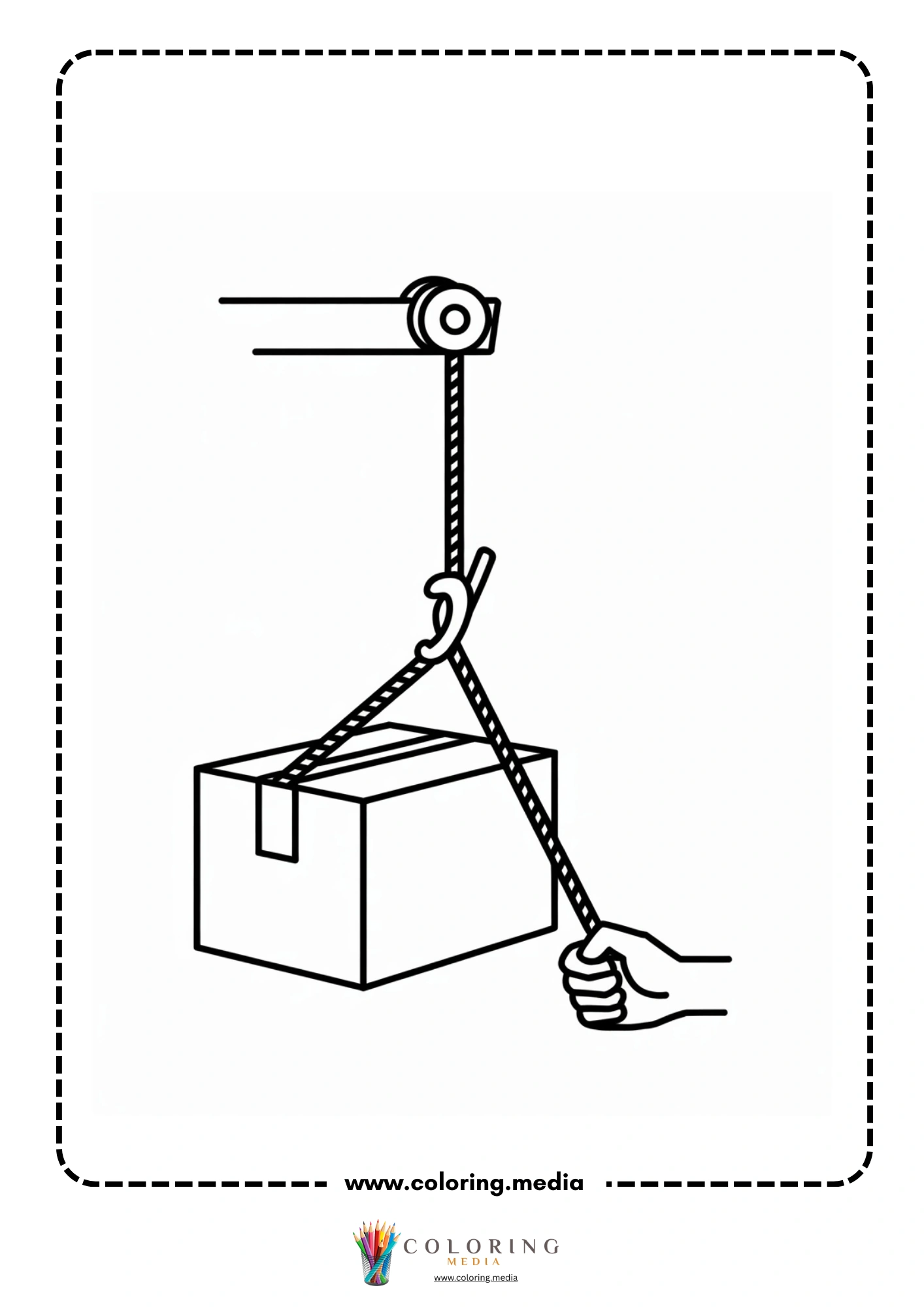Pulley coloring page with bucket lifting activity
