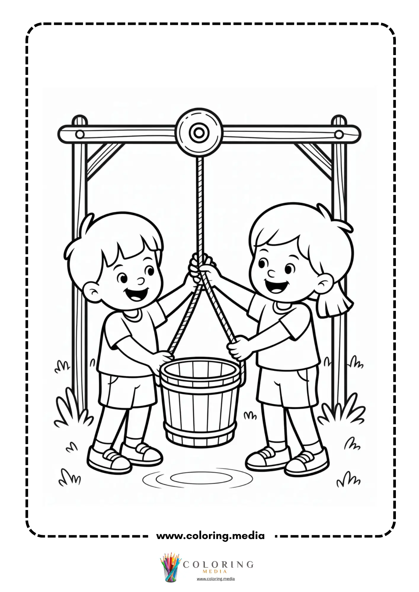 Pulley coloring page with simple wheel rope and hook