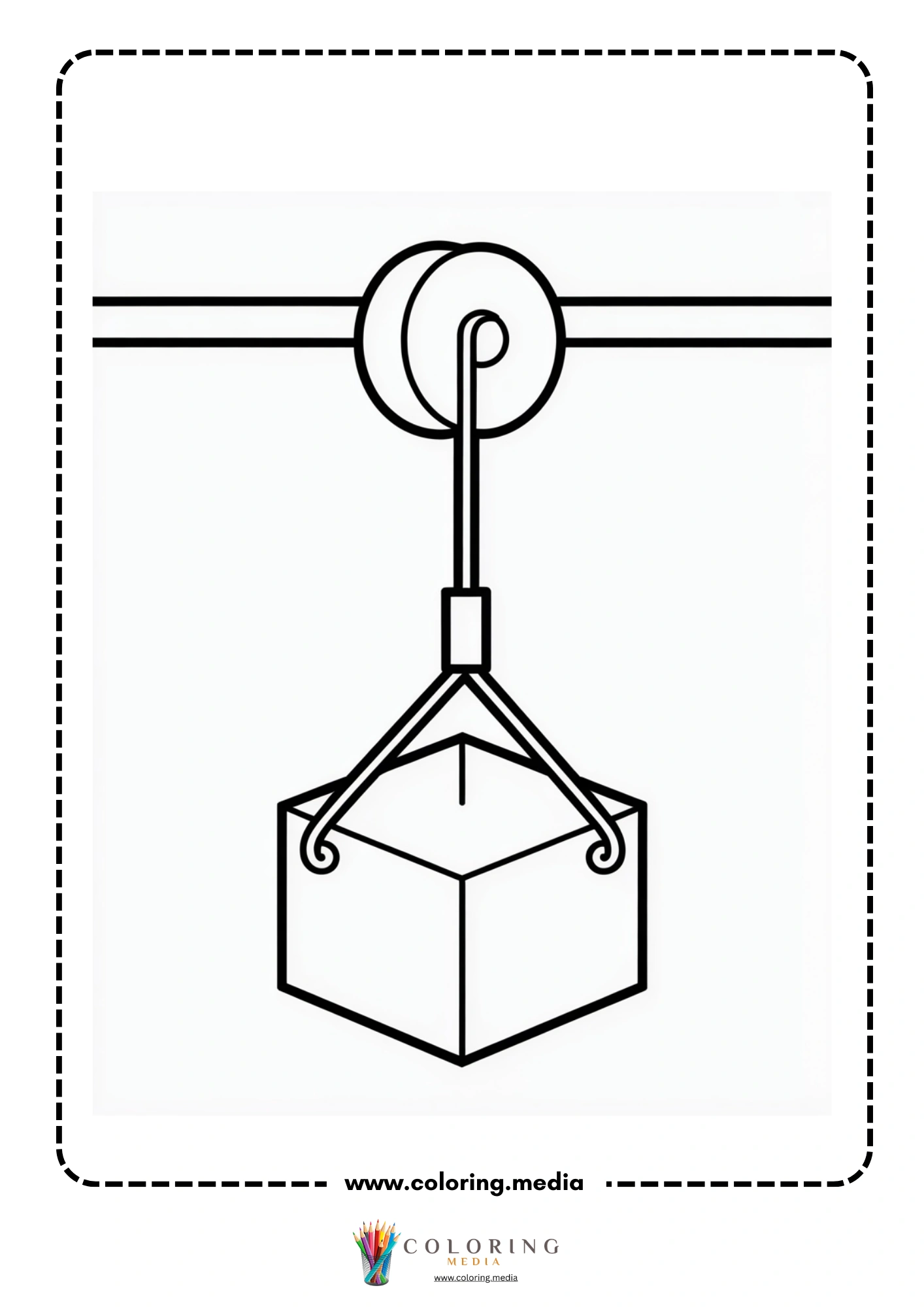 Pulley coloring page with load hanging from a pulley system