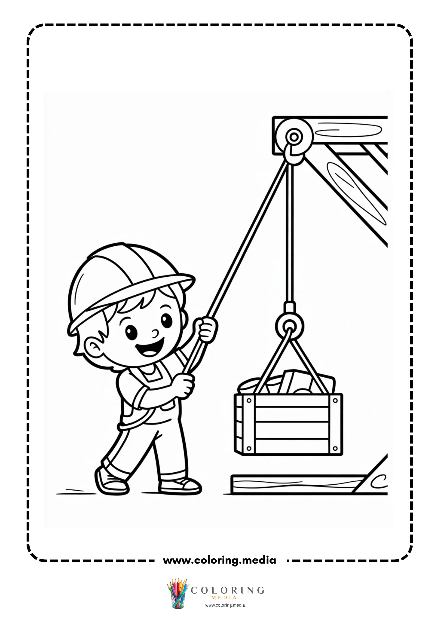 Pulley coloring page with bucket hanging from a rope