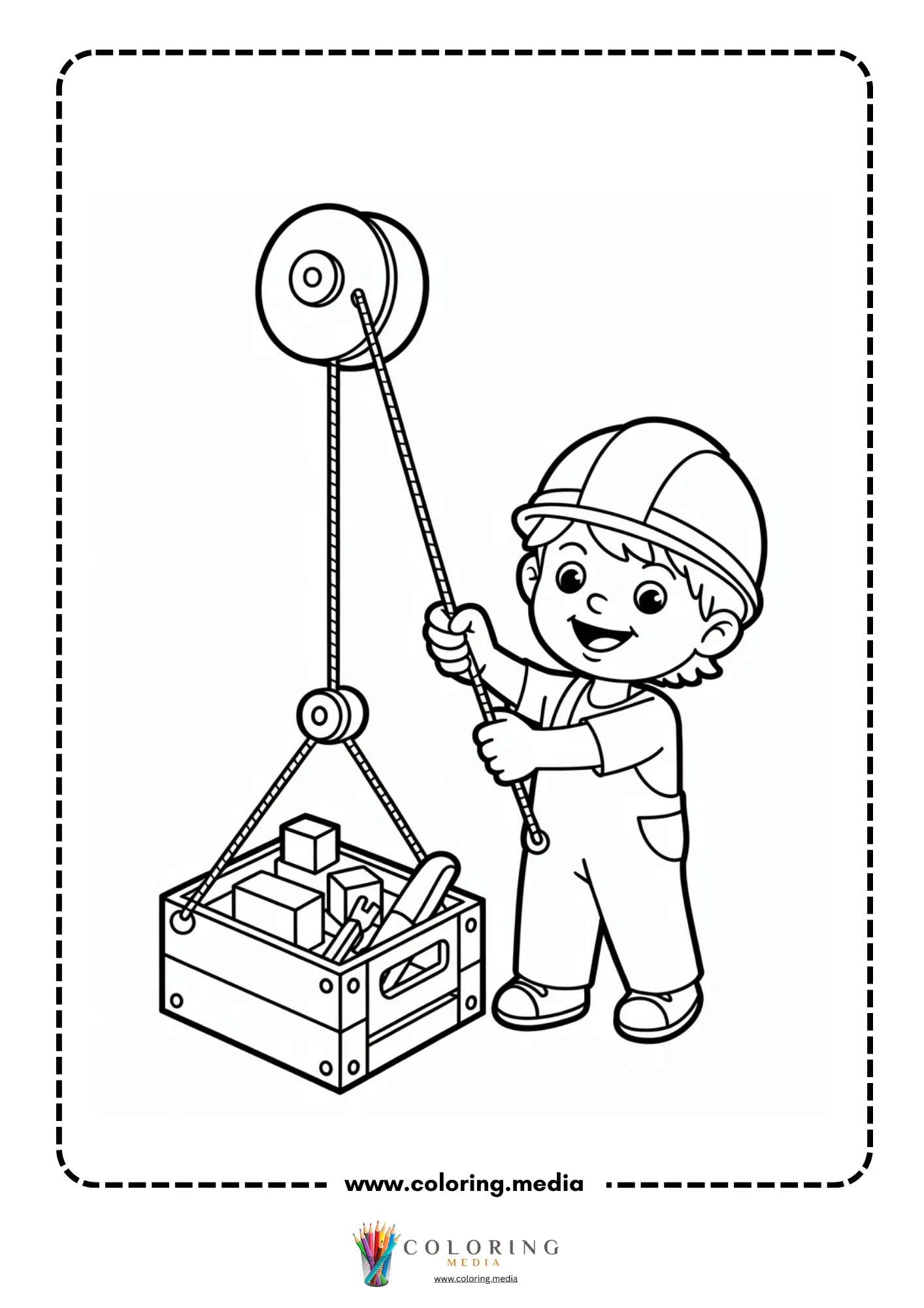 Pulley coloring page with rope loop over a wheel