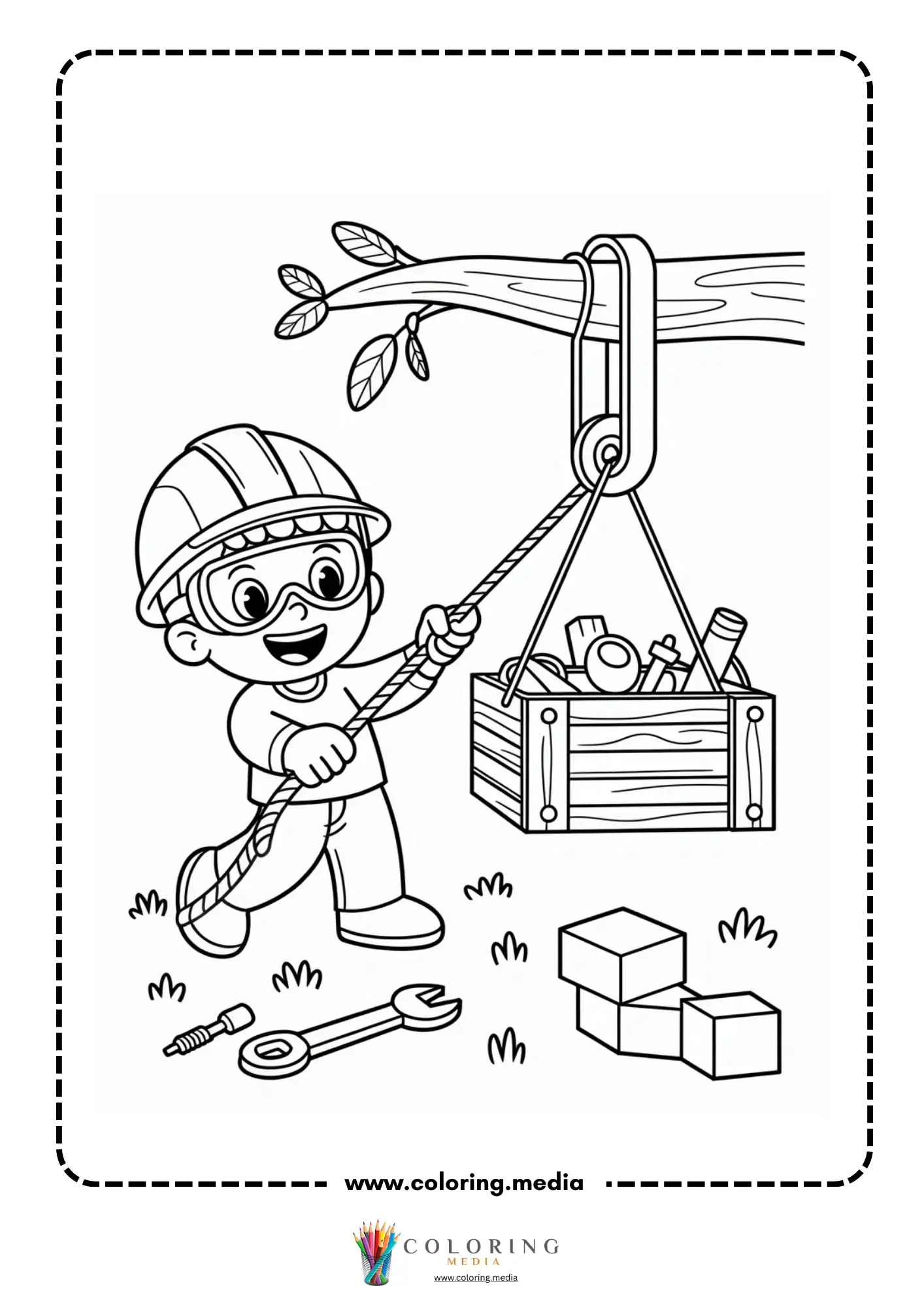 Pulley coloring page with simple machine lifting a load