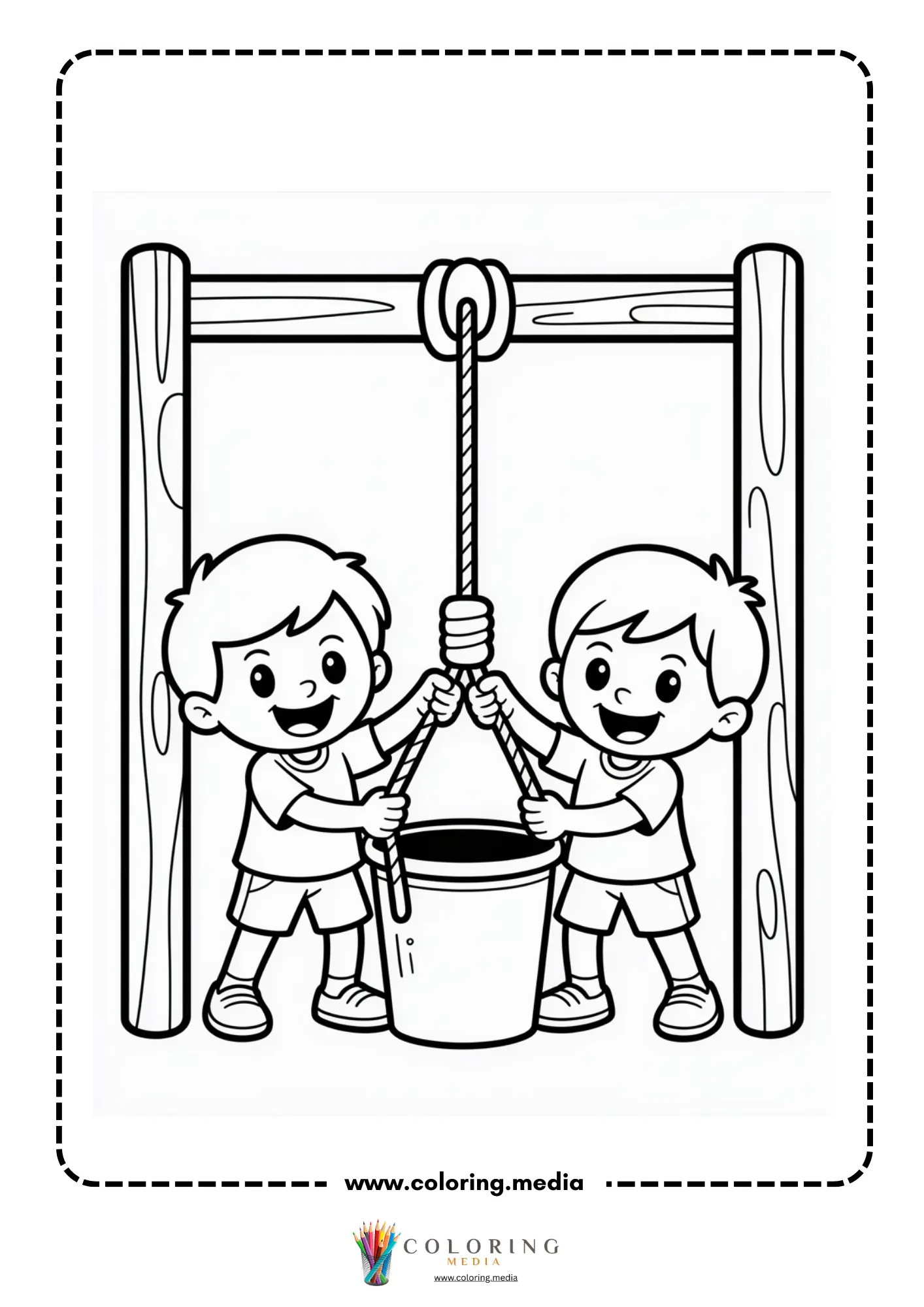 Pulley coloring page with fixed pulley and hanging bucket