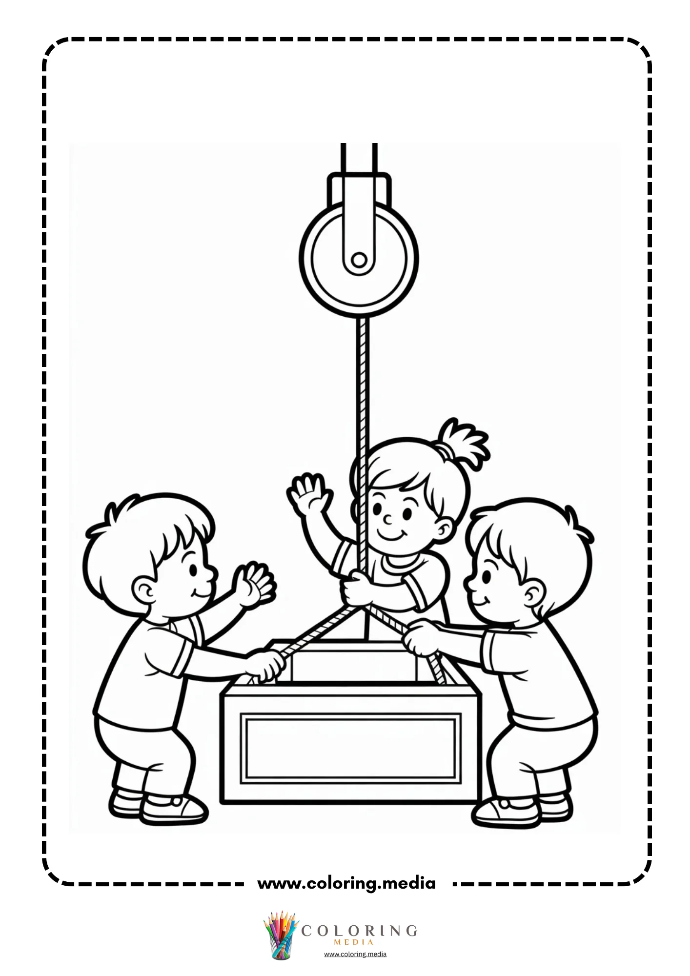 Pulley coloring page with bucket raised over a well