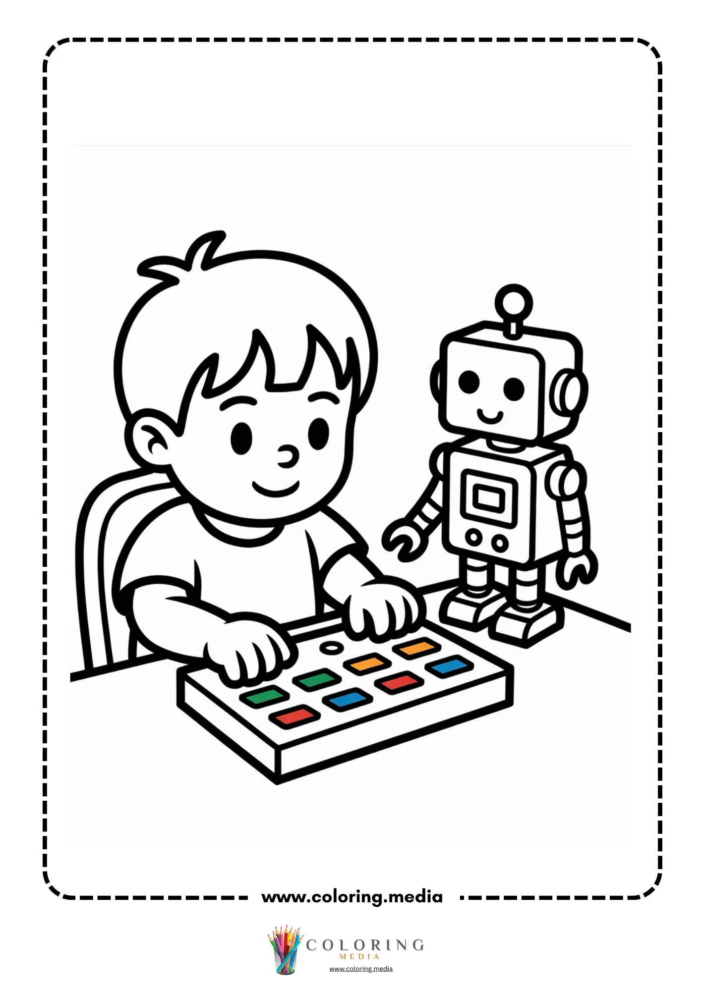 Robot coloring page with child using a control panel beside a small robot