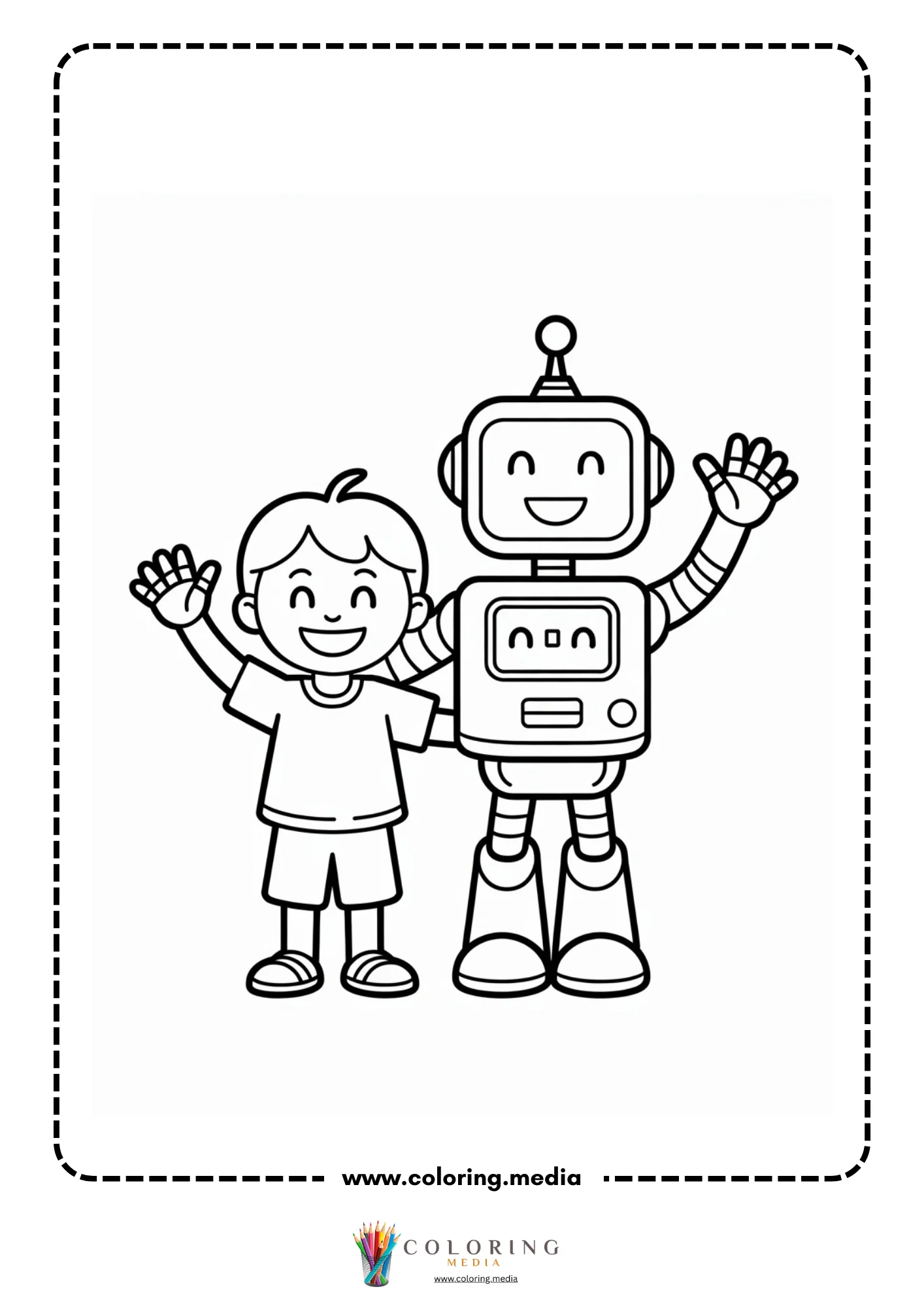 Robot coloring page with boy and tall robot waving