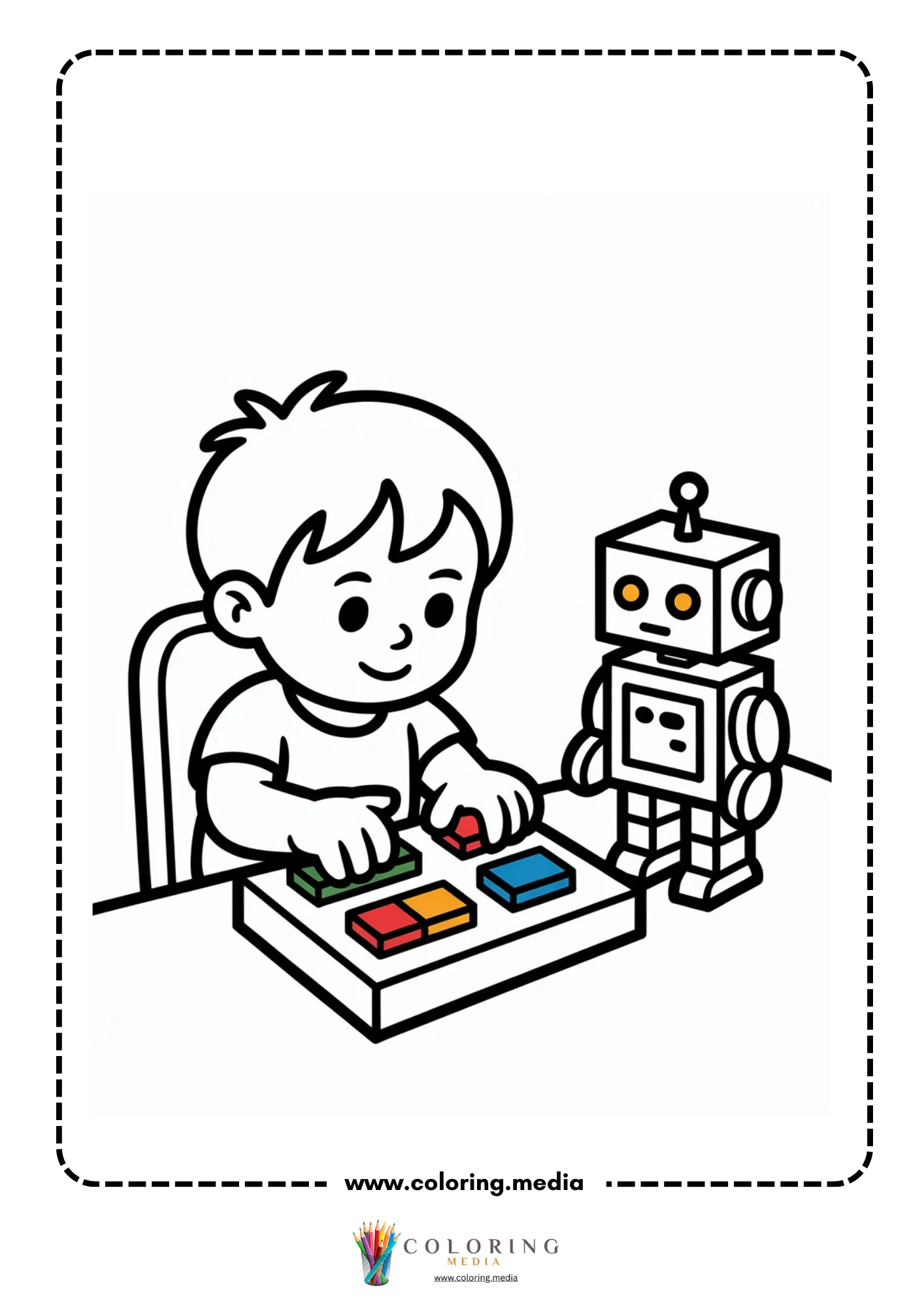 Robot coloring page with friendly robot waving
