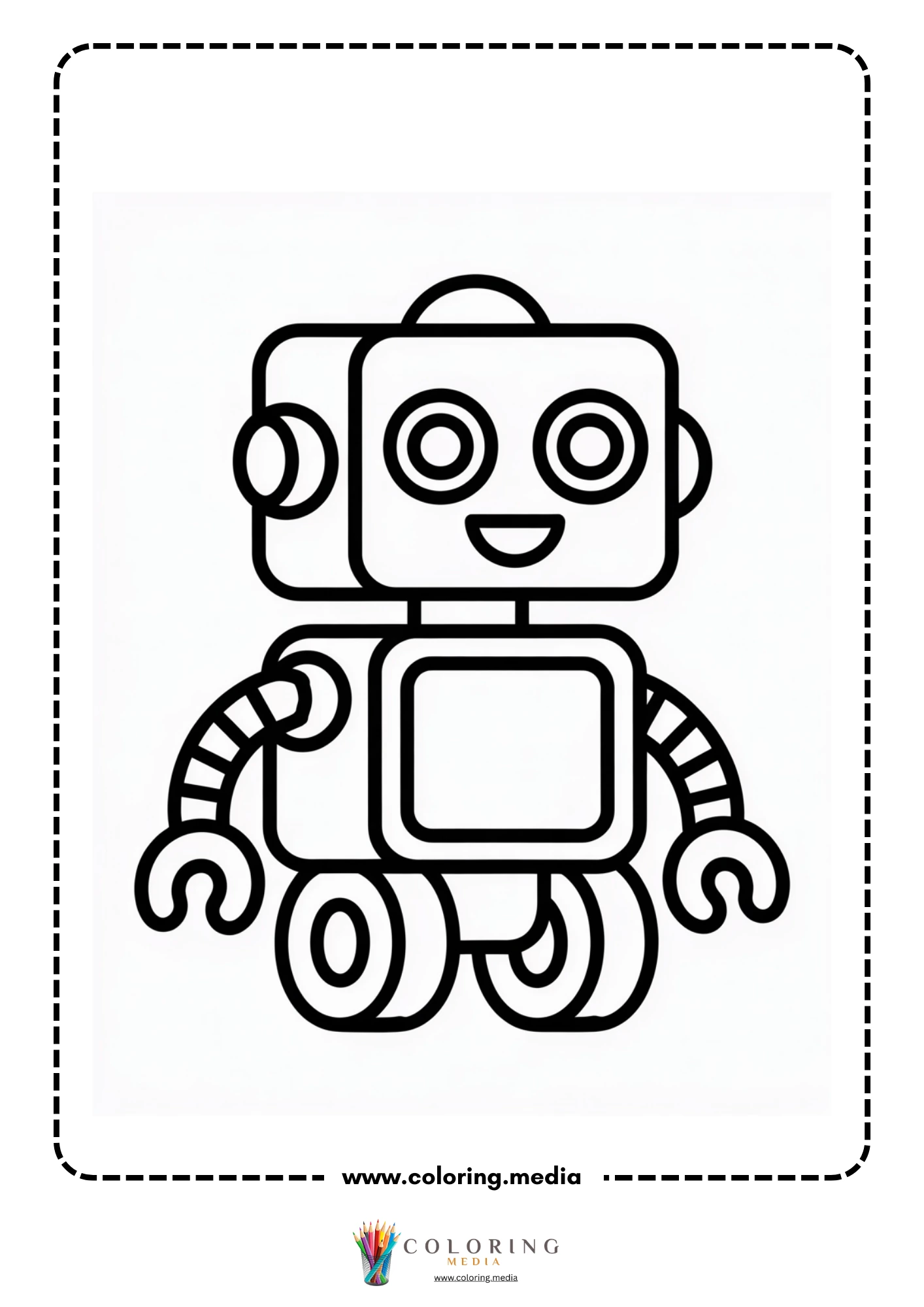 Robot coloring page with child standing beside a robot friend