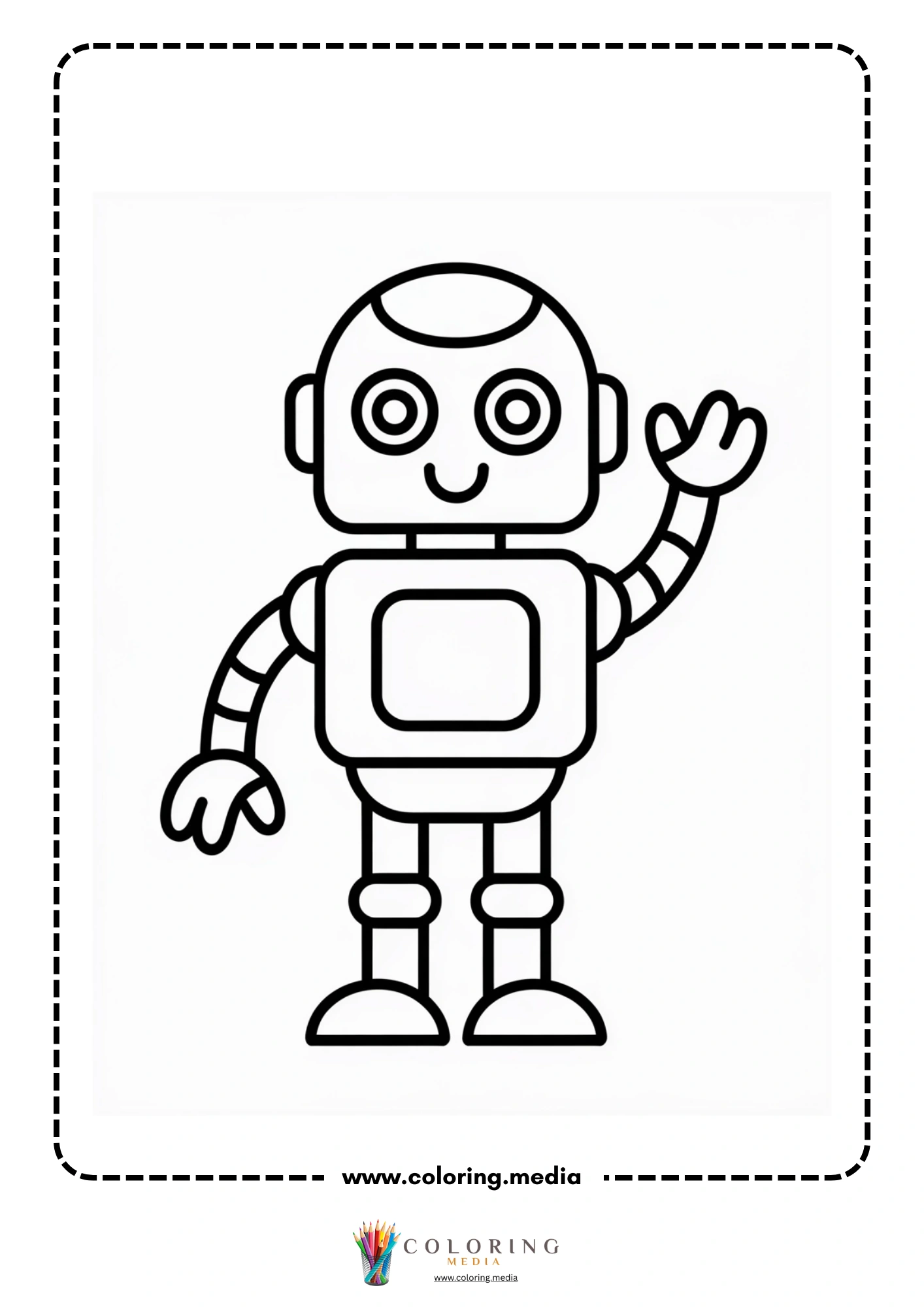 Robot coloring page with robot helper and classroom scene