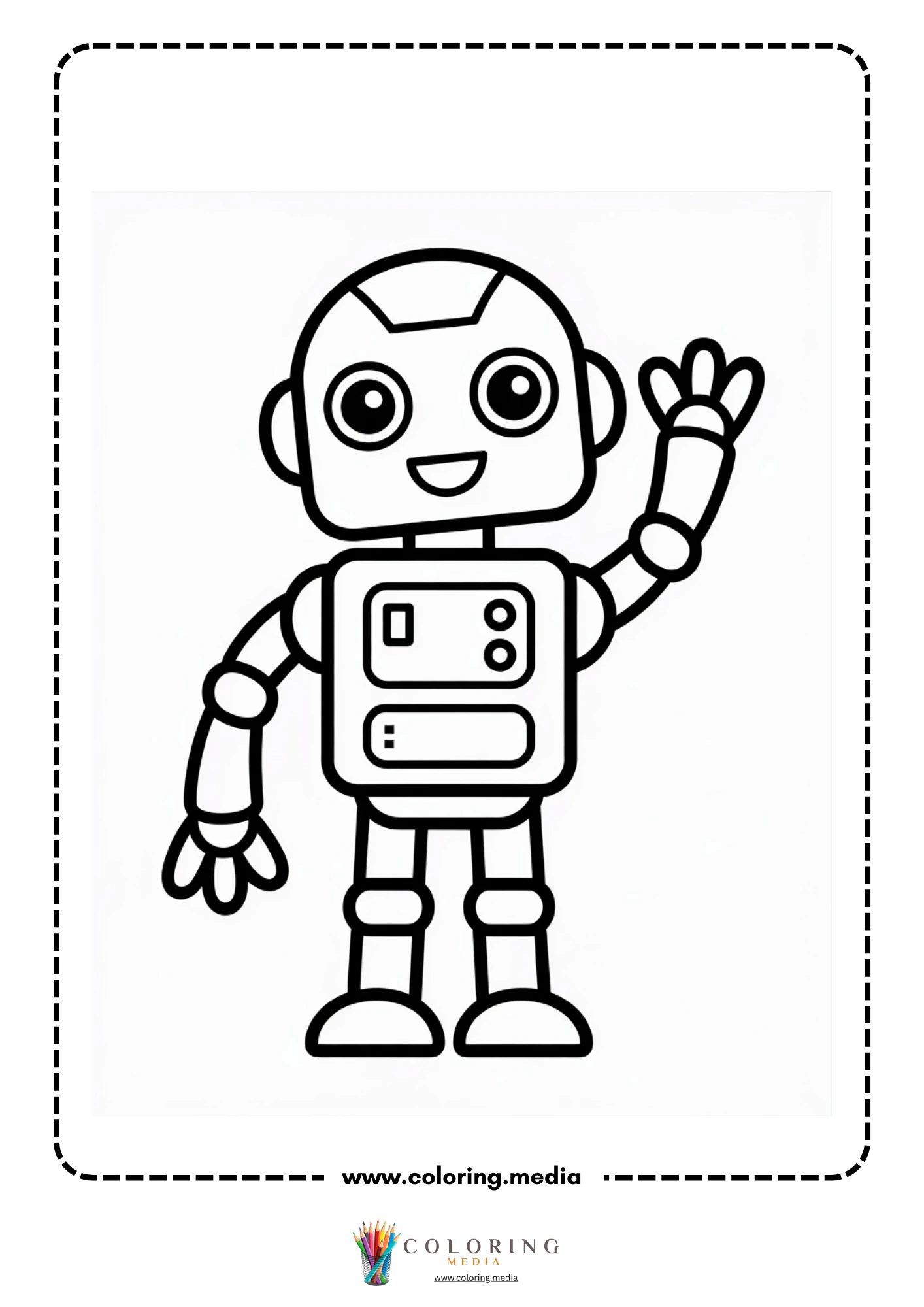 Robot coloring page with smiling child and robot companion