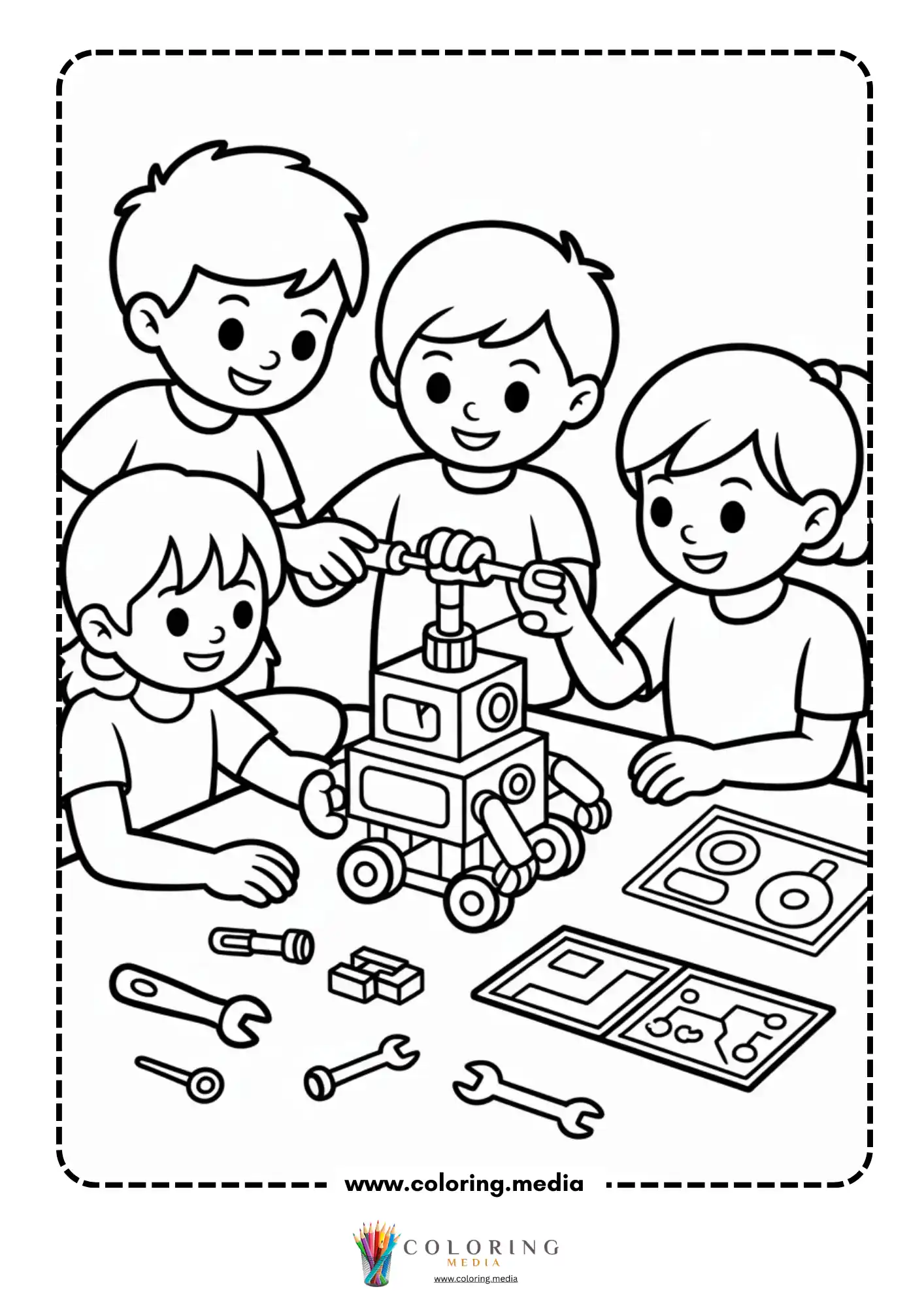 Robot coloring page with square robot head and antenna