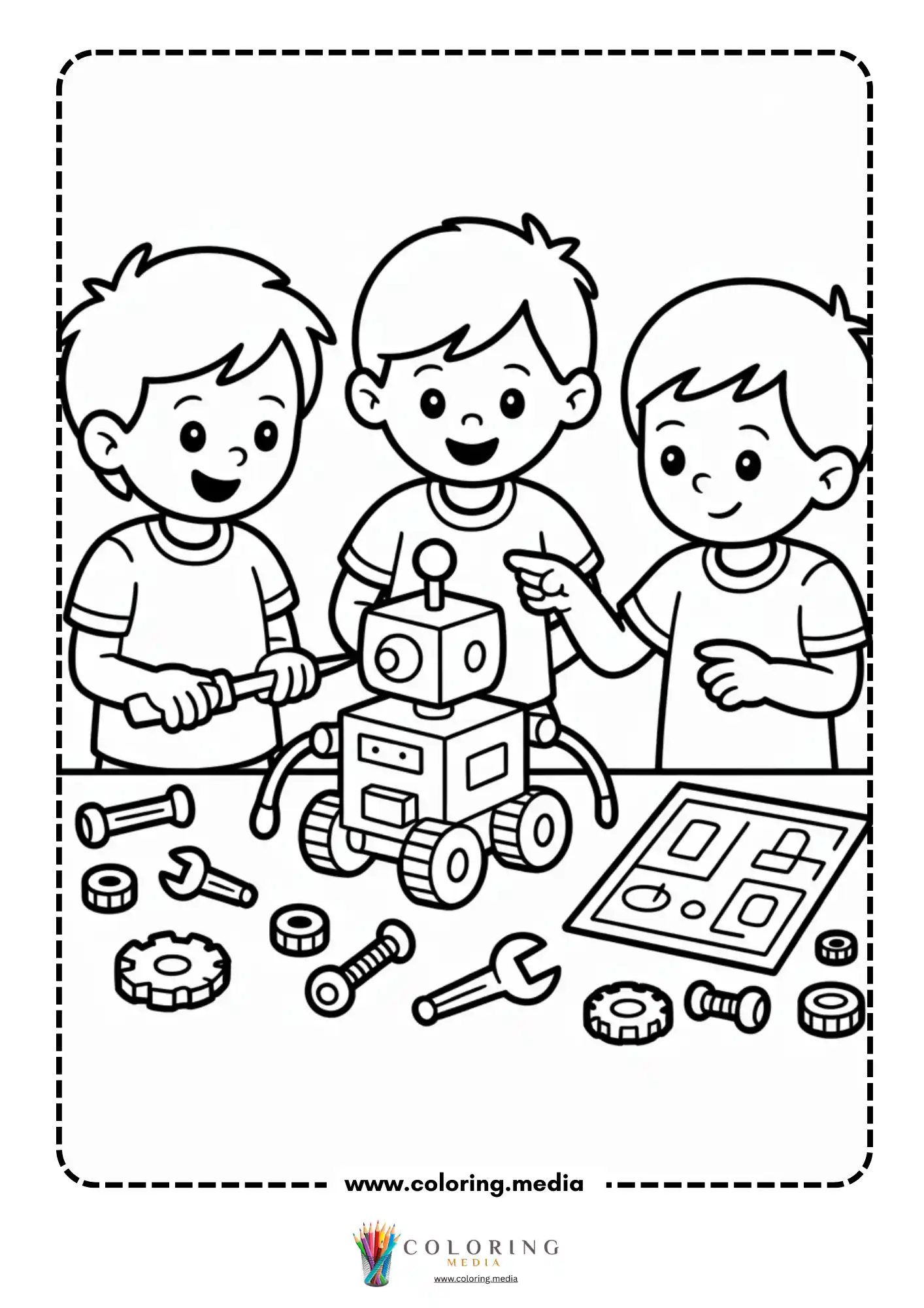 Robot coloring page with child and robot working together