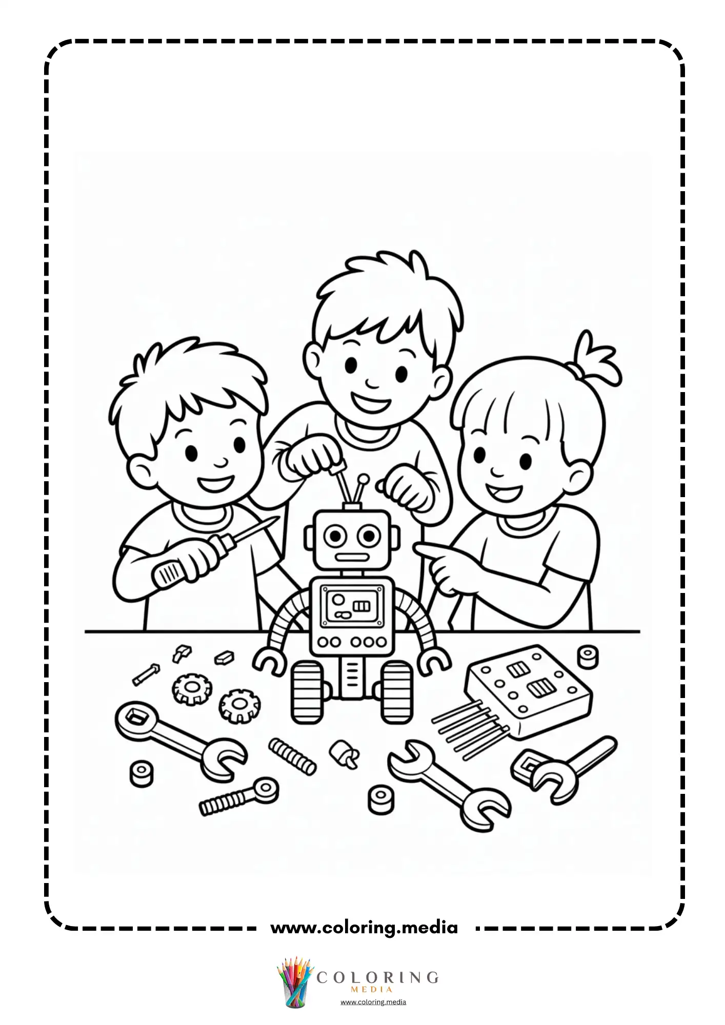 Robot coloring page with robot arms and button panel