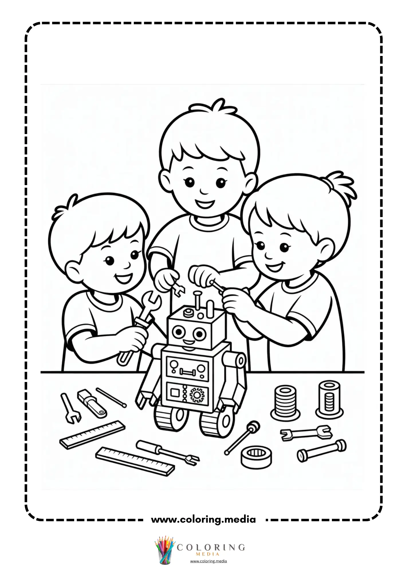 Robot coloring page with smiling robot character