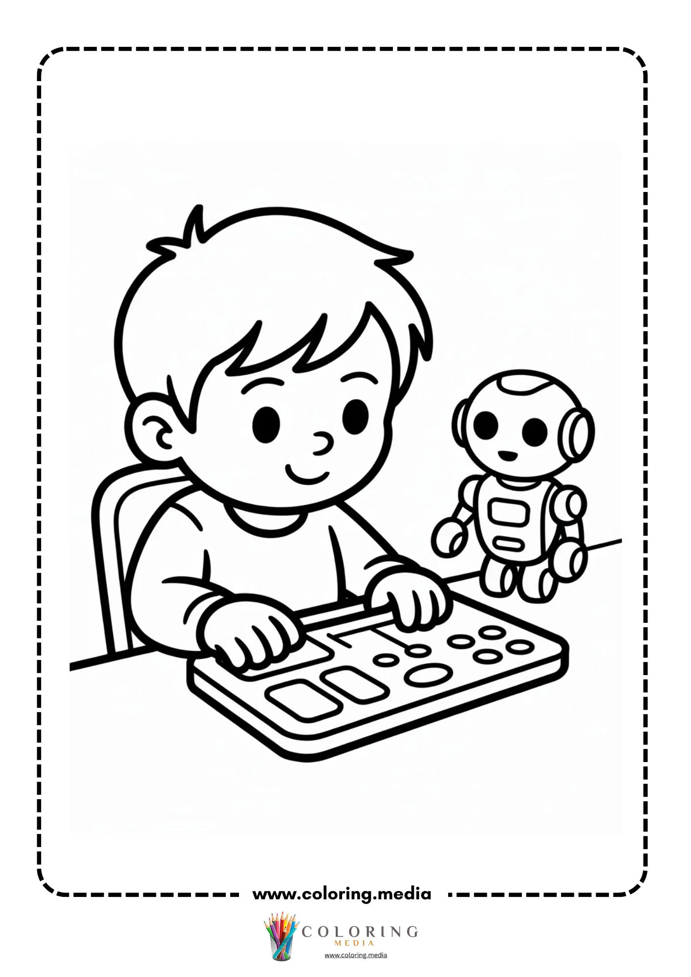 Robot coloring page with robot helper and child programmer