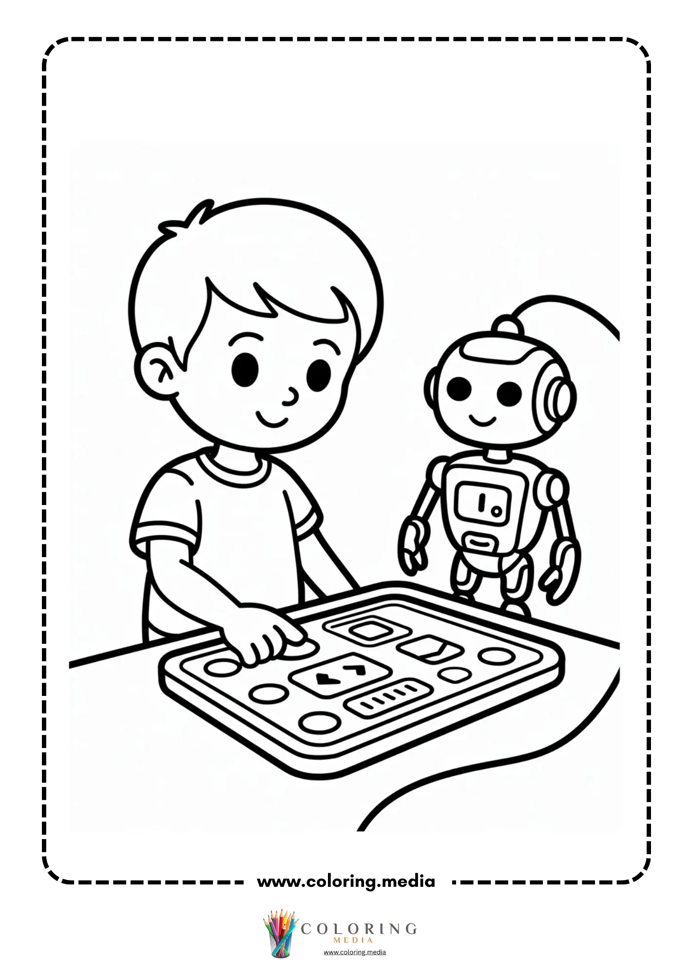 Robot coloring page with round robot eyes and mechanical body