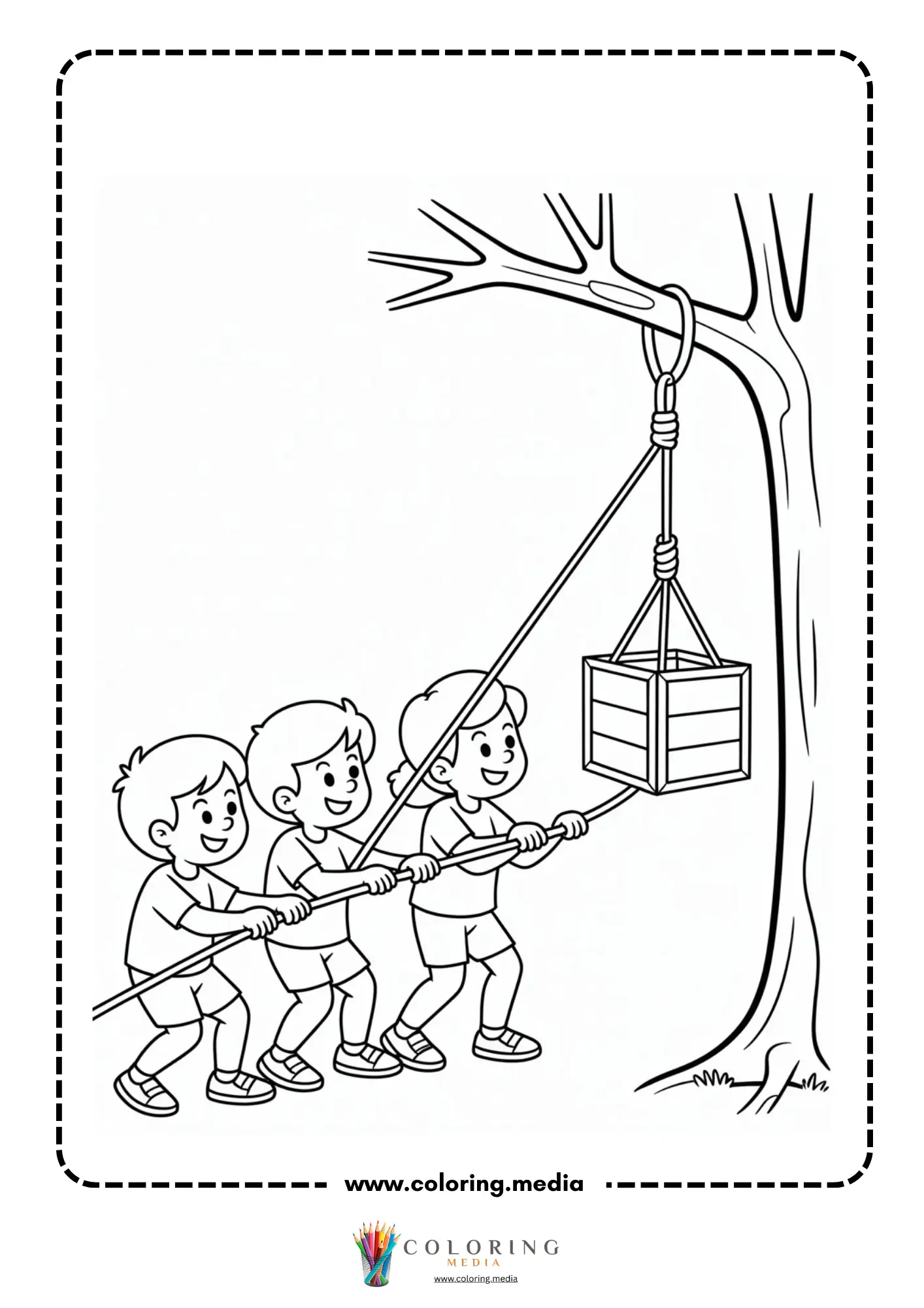 Simple machines coloring page with lever lifting weight