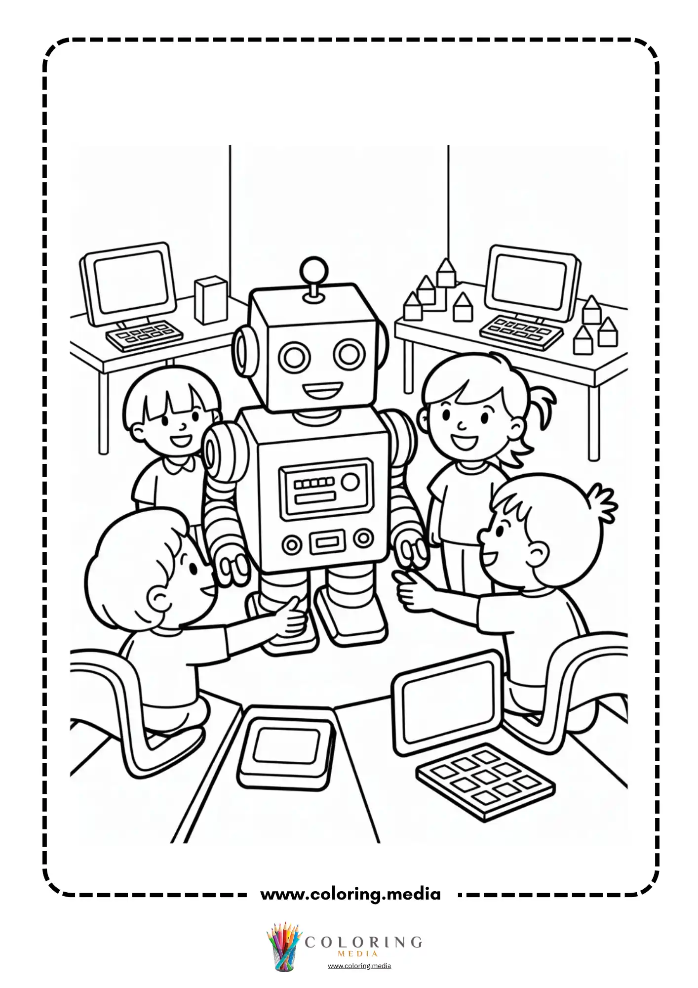 Technology coloring page with children gathered around a robot