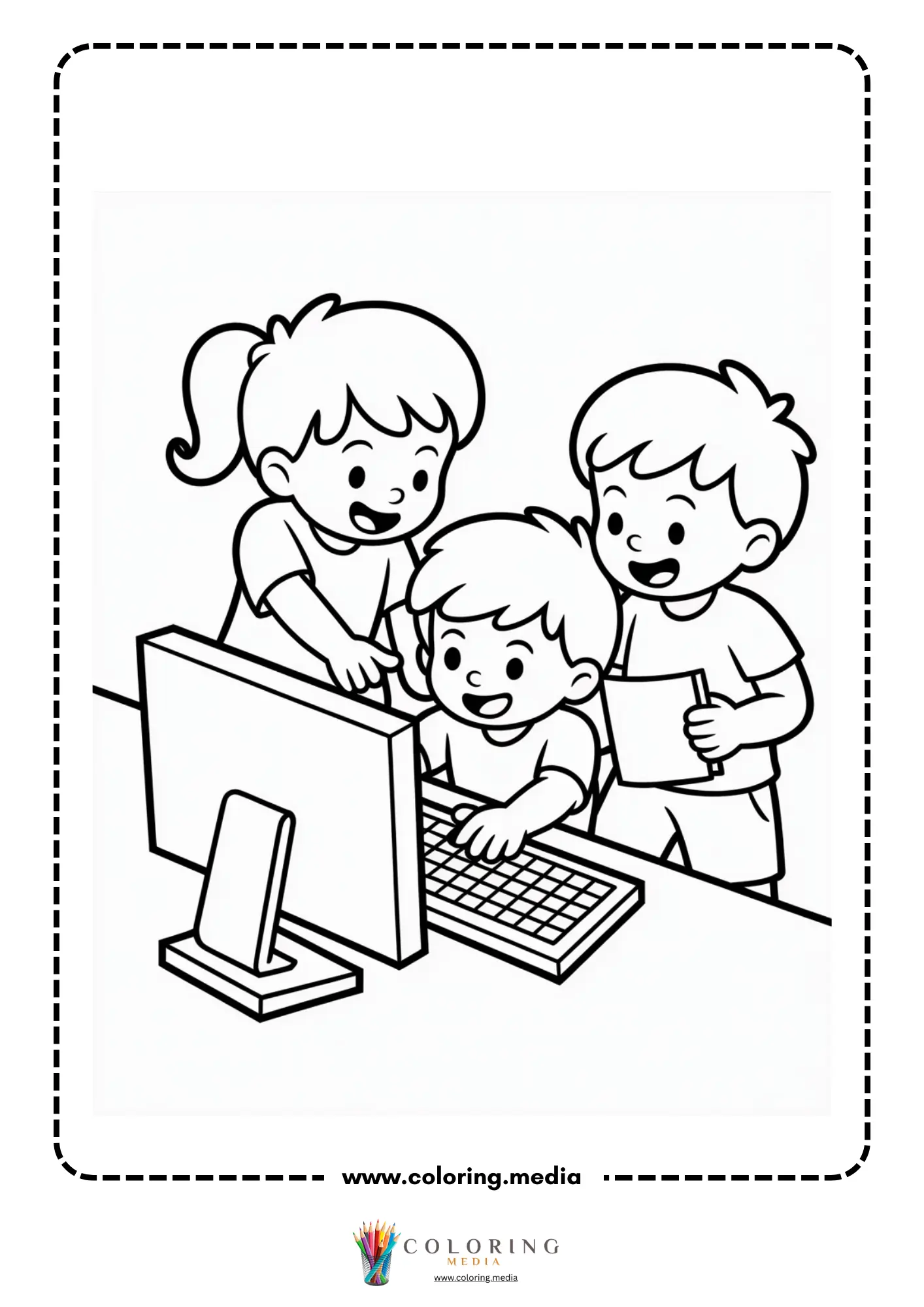 Technology coloring page with children using a computer