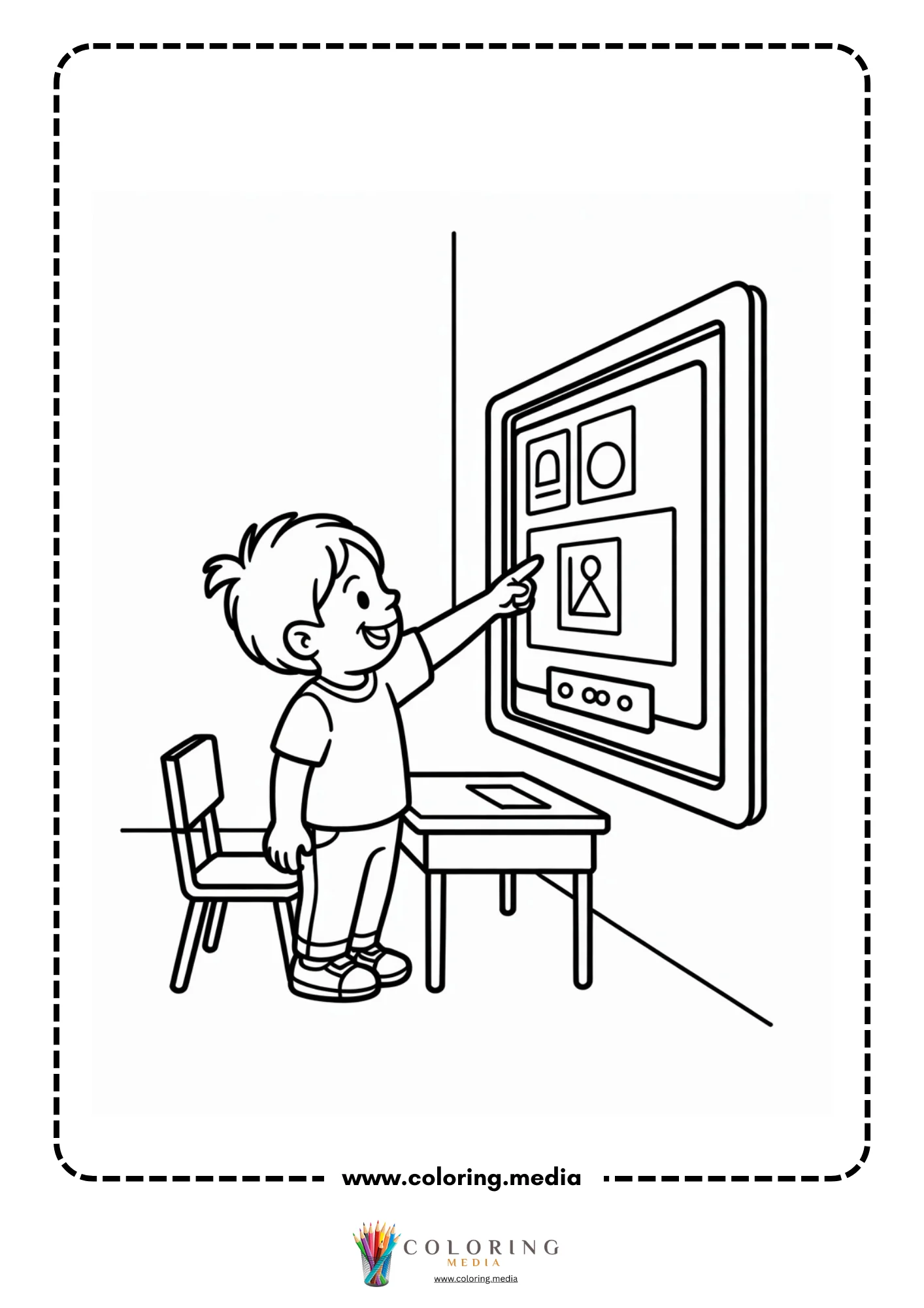 Technology coloring page with robot helper in a classroom