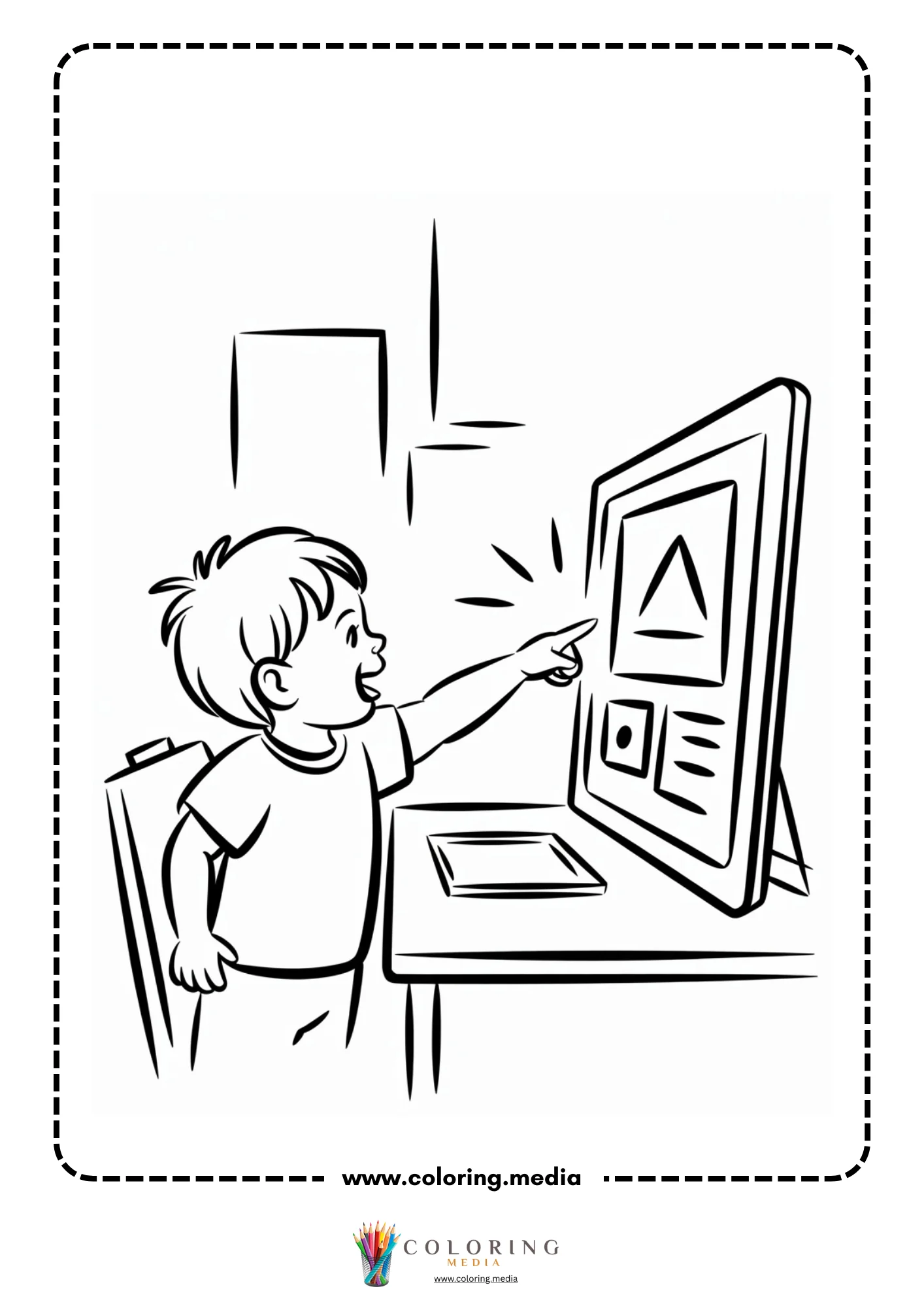 Technology coloring page with coding blocks on a screen