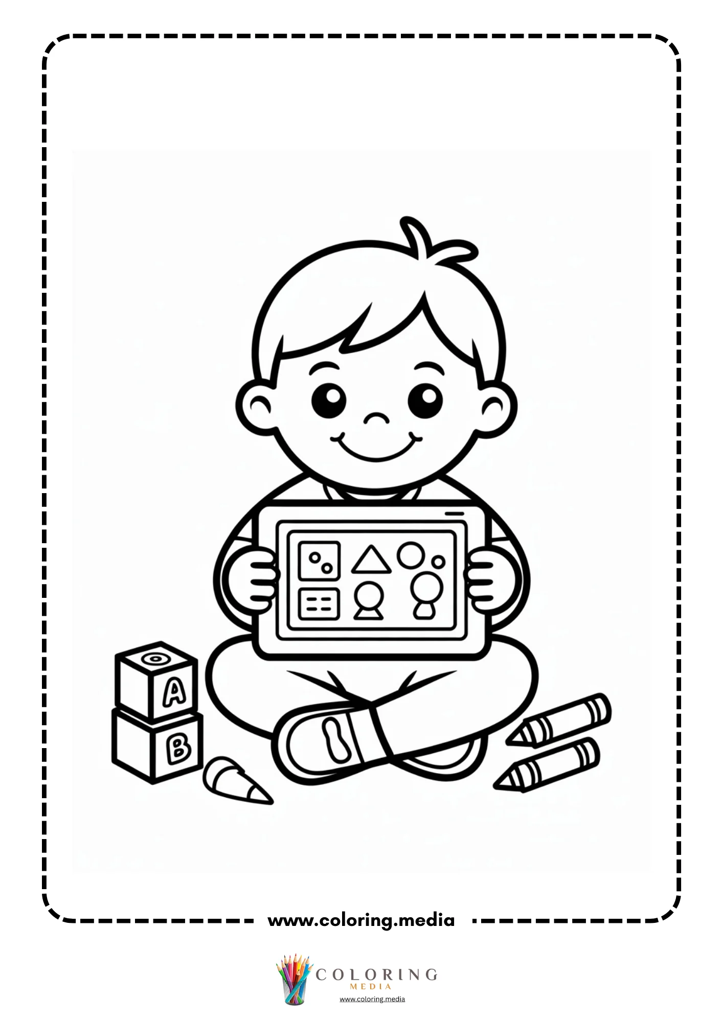 Technology coloring page with tablet and stylus