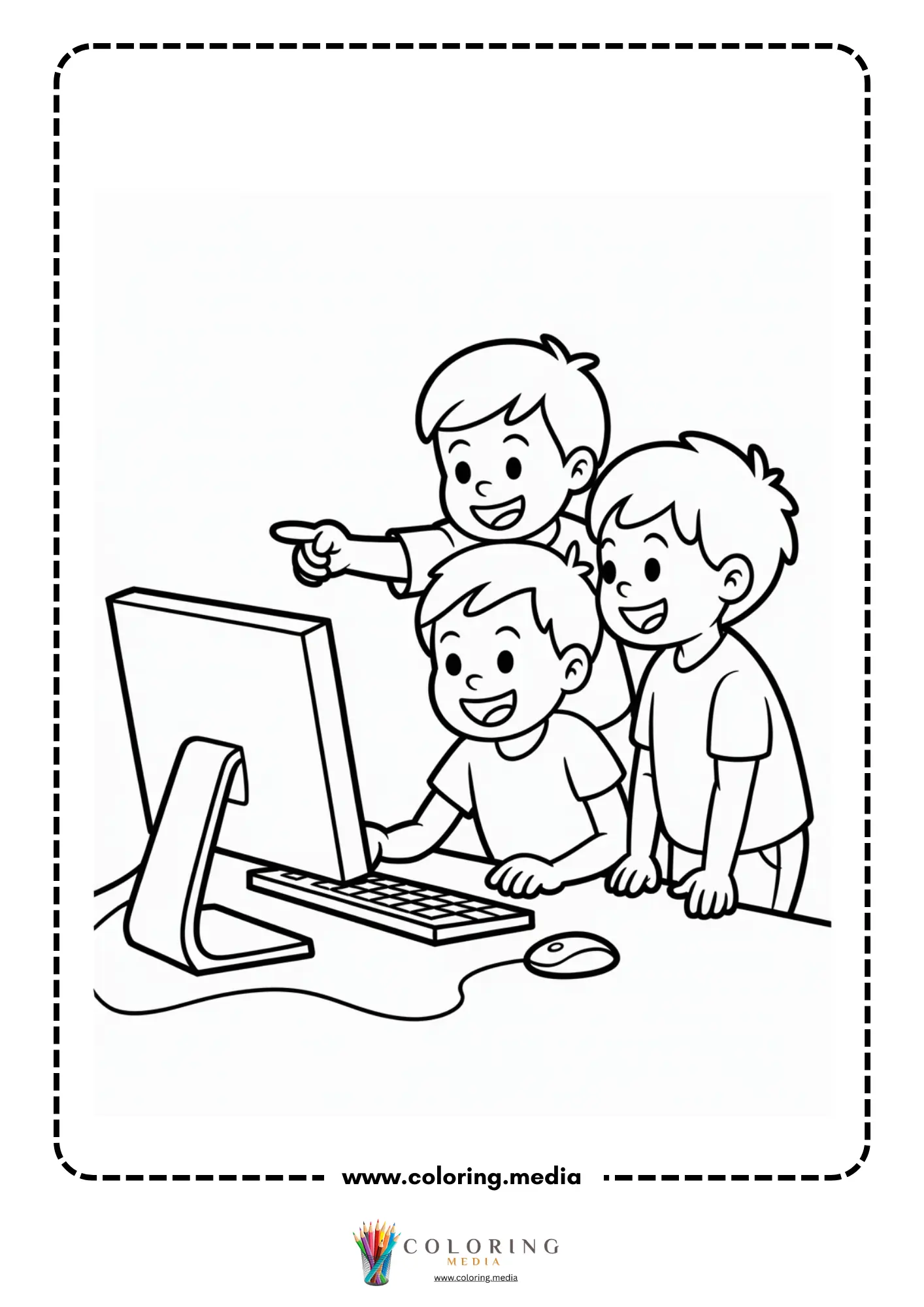 Technology coloring page with kids exploring robotics