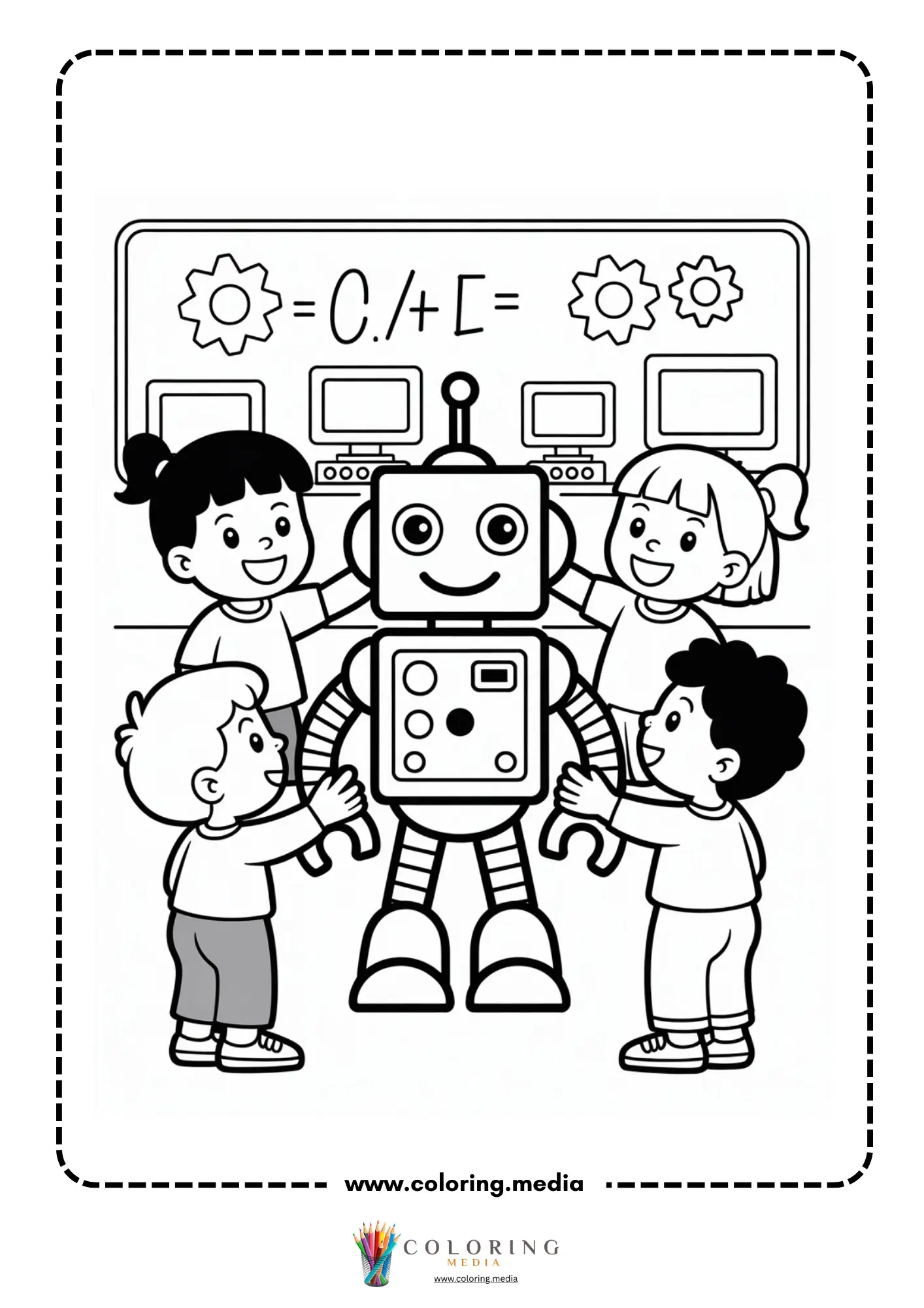 Technology coloring page with computer monitor and keyboard