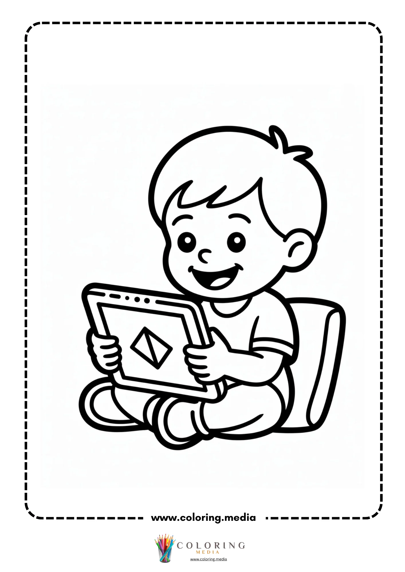 Technology coloring page with laptop and connected devices