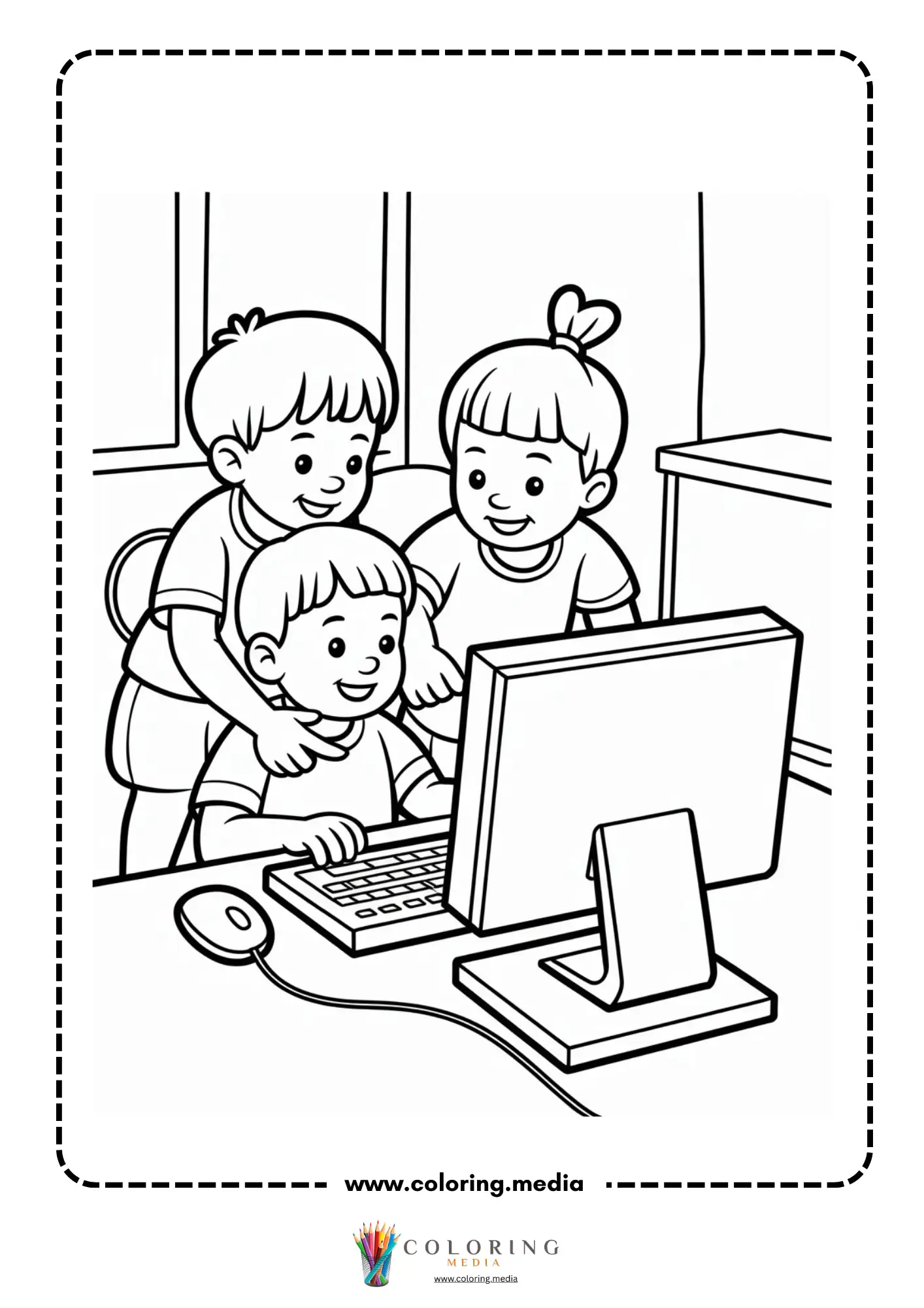 Technology coloring page with child using a tablet