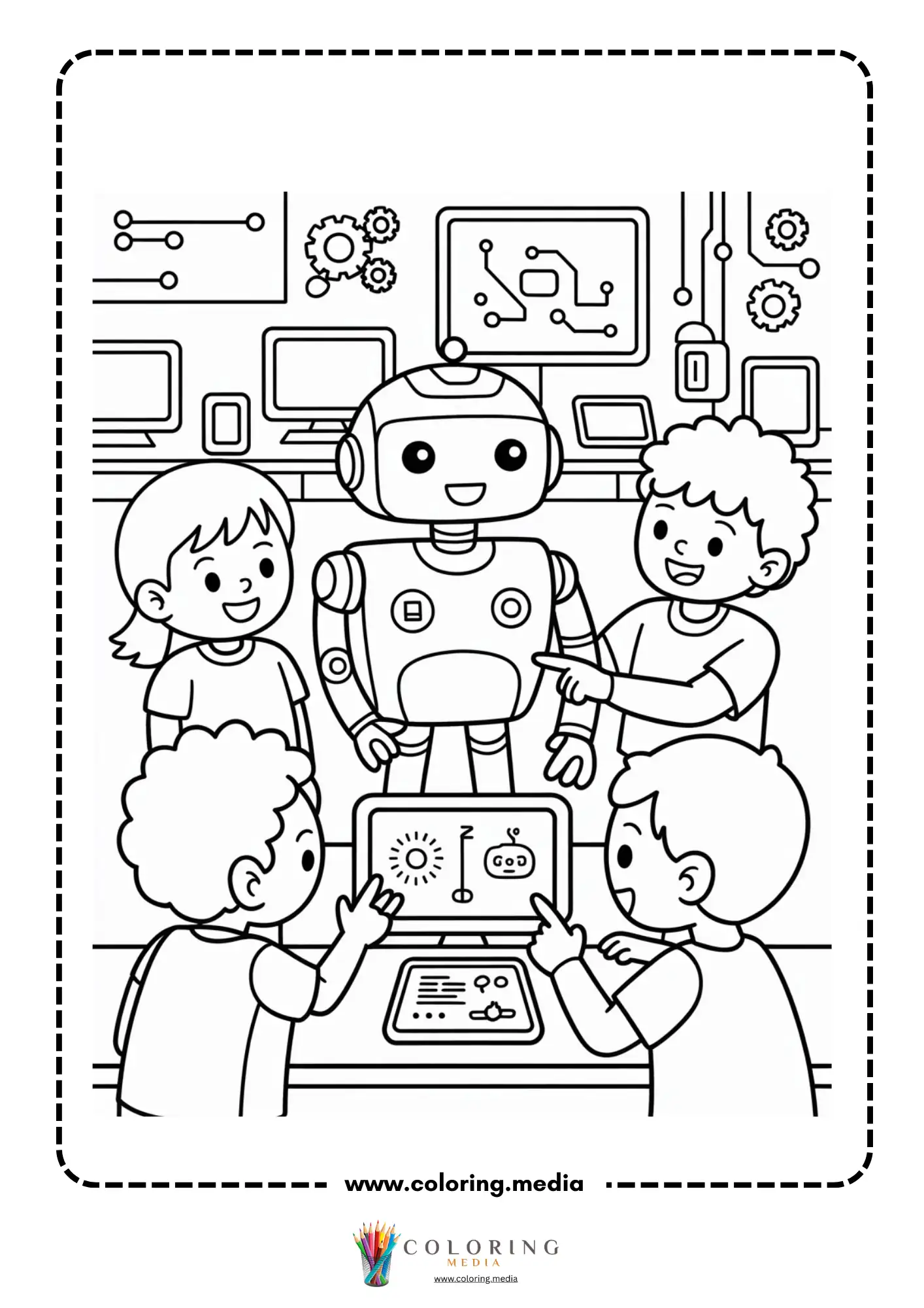 Technology coloring page with robot and control buttons