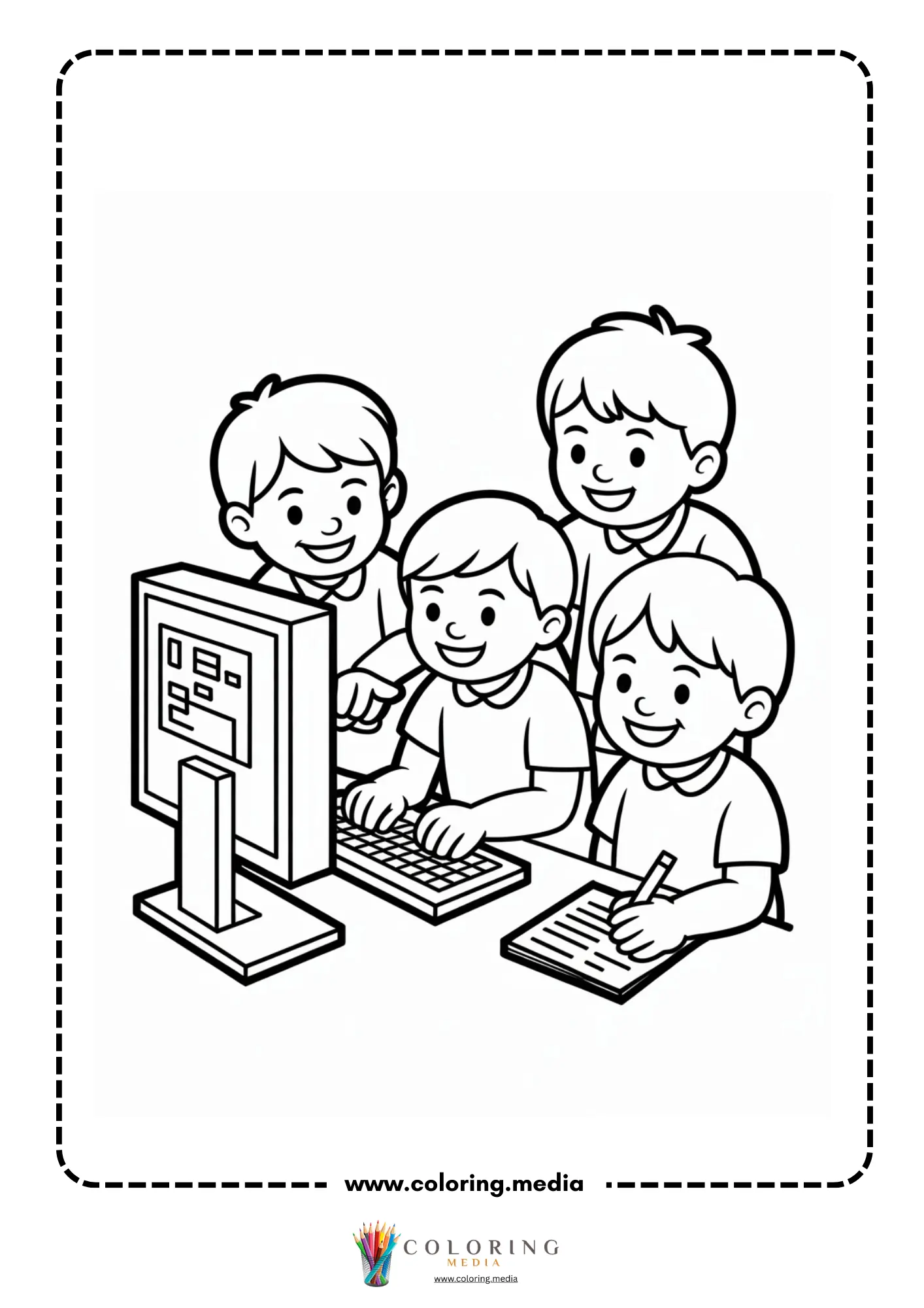 Technology coloring page with desktop computer setup