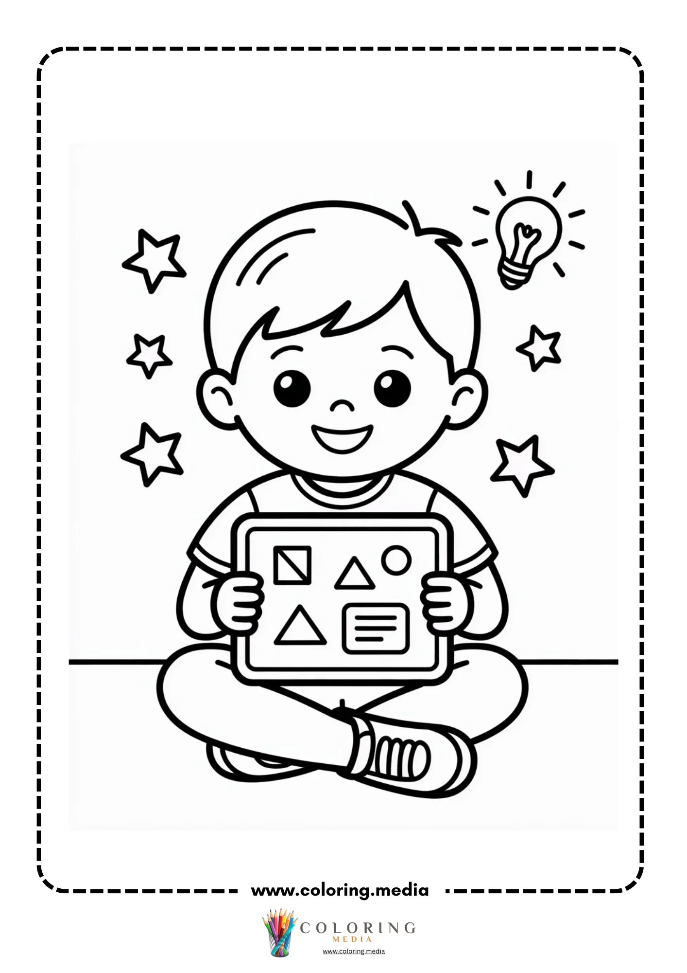 Technology coloring page with children learning on computers