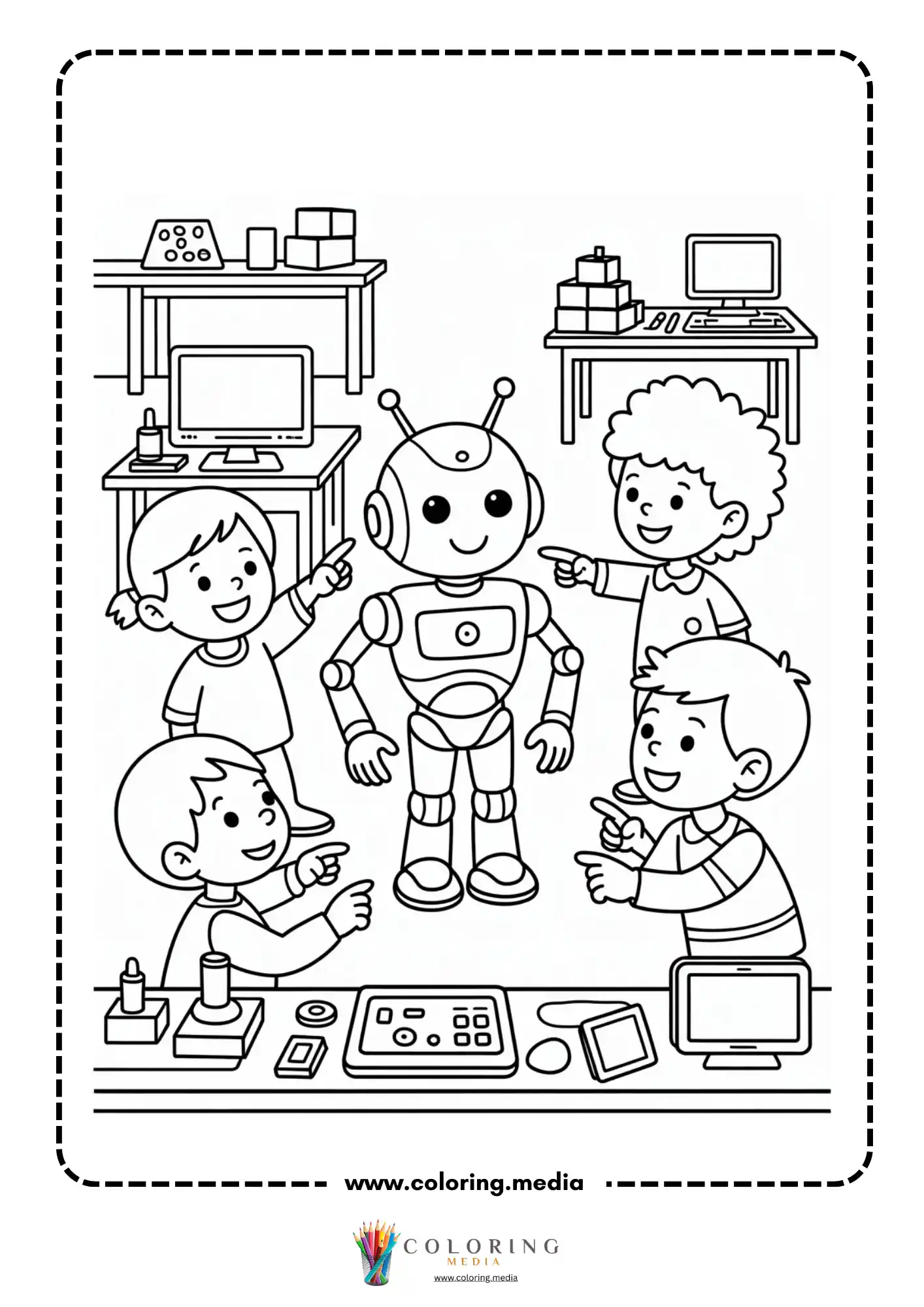 Technology coloring page with smartphone and app icons