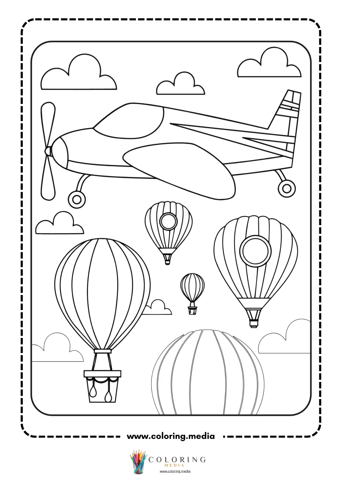 Airplane coloring page with plane flying above hot air balloons