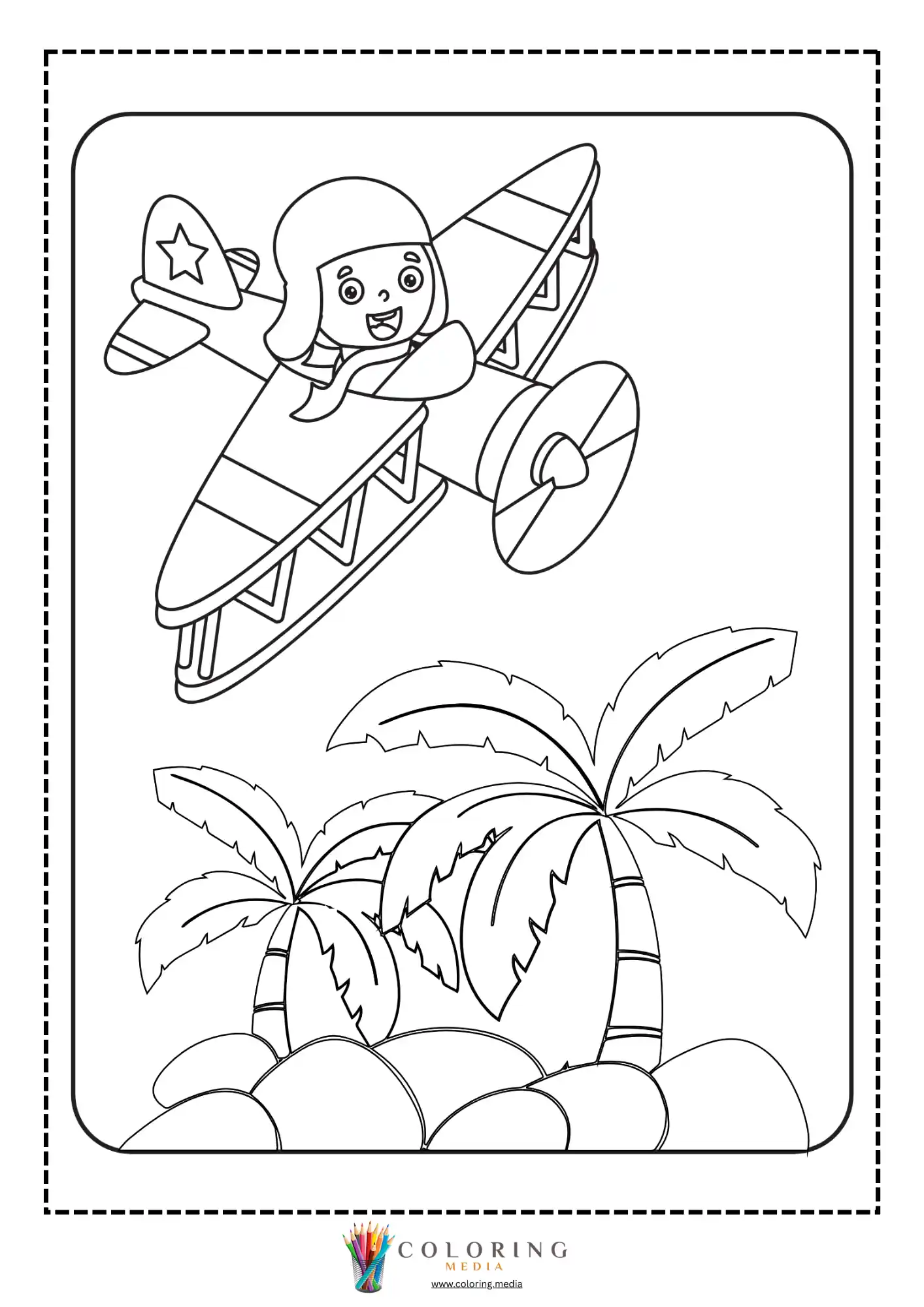 Airplane coloring page with travel plane scene