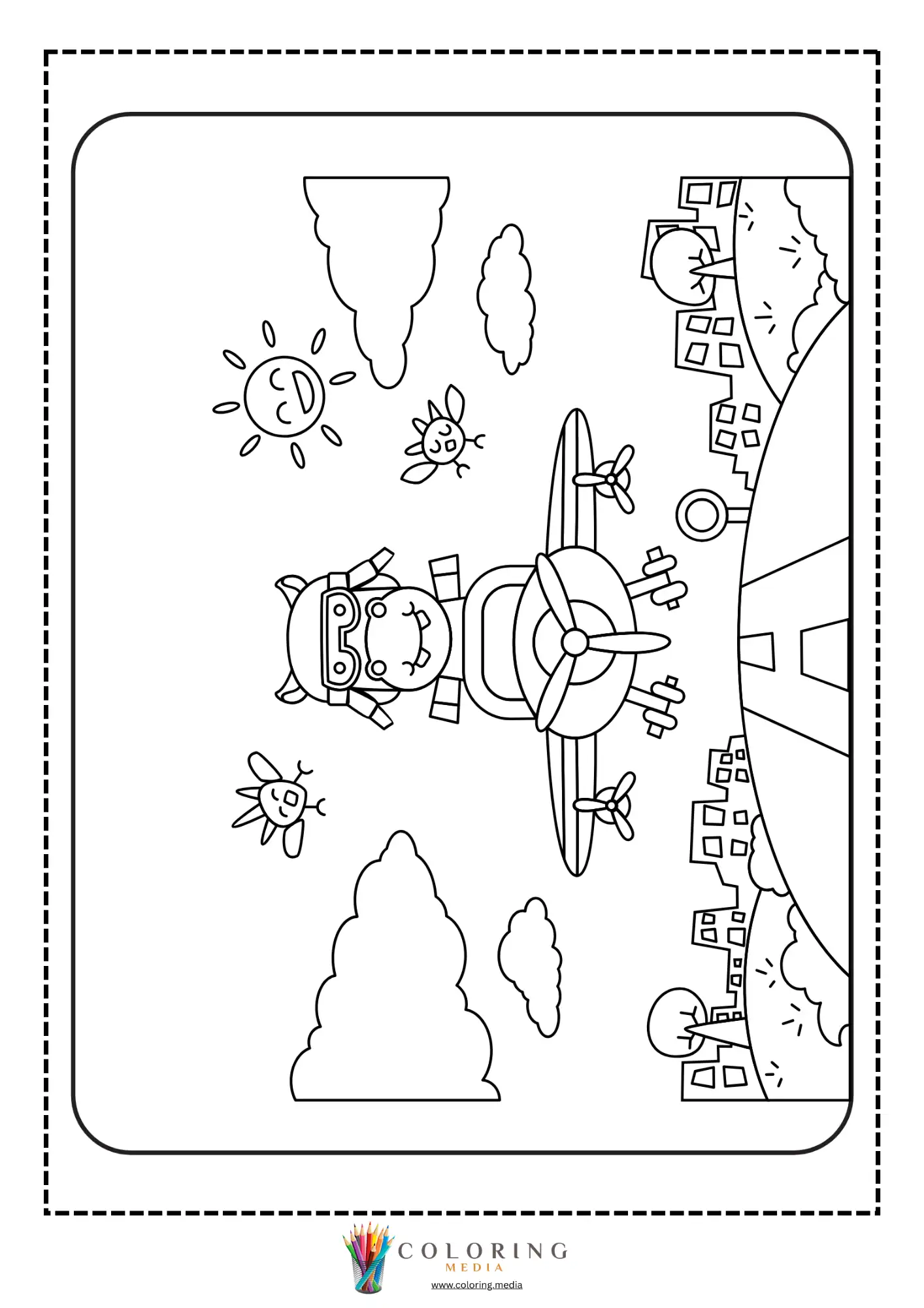 Airplane coloring page with flying vehicle and sky details