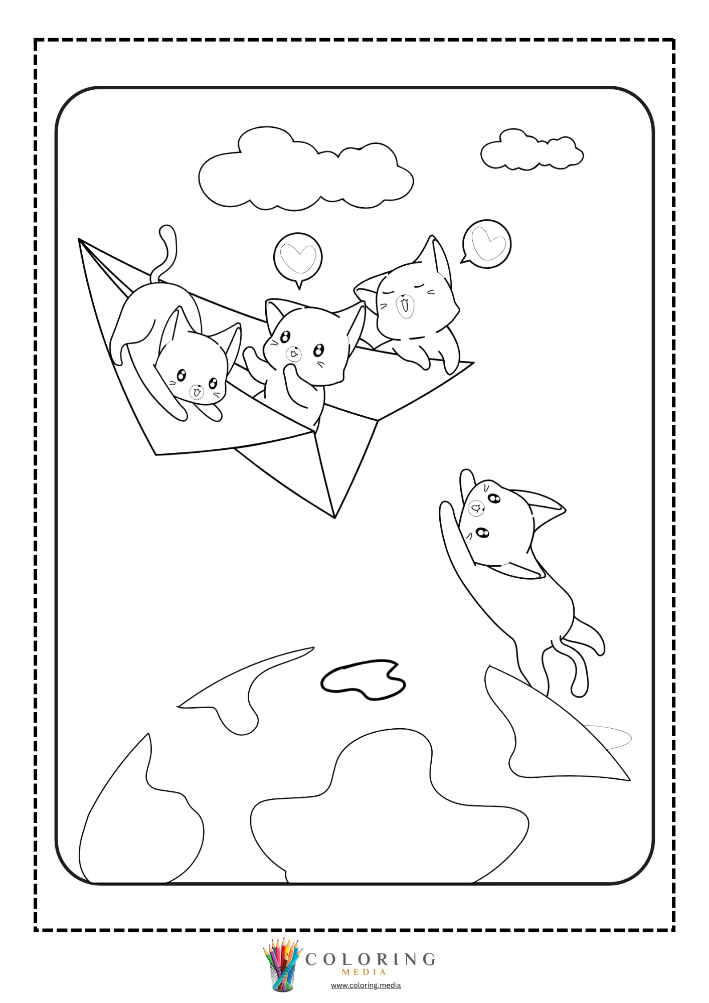 Airplane coloring page with aviation scene and balloons