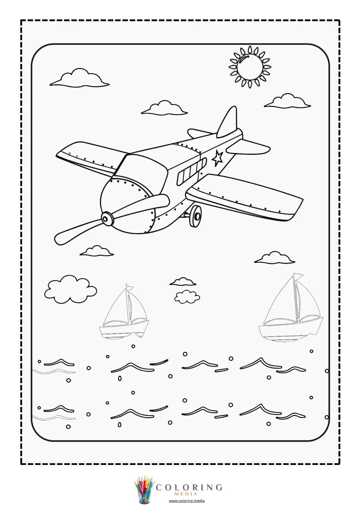 Airplane coloring page with passenger jet in the sky