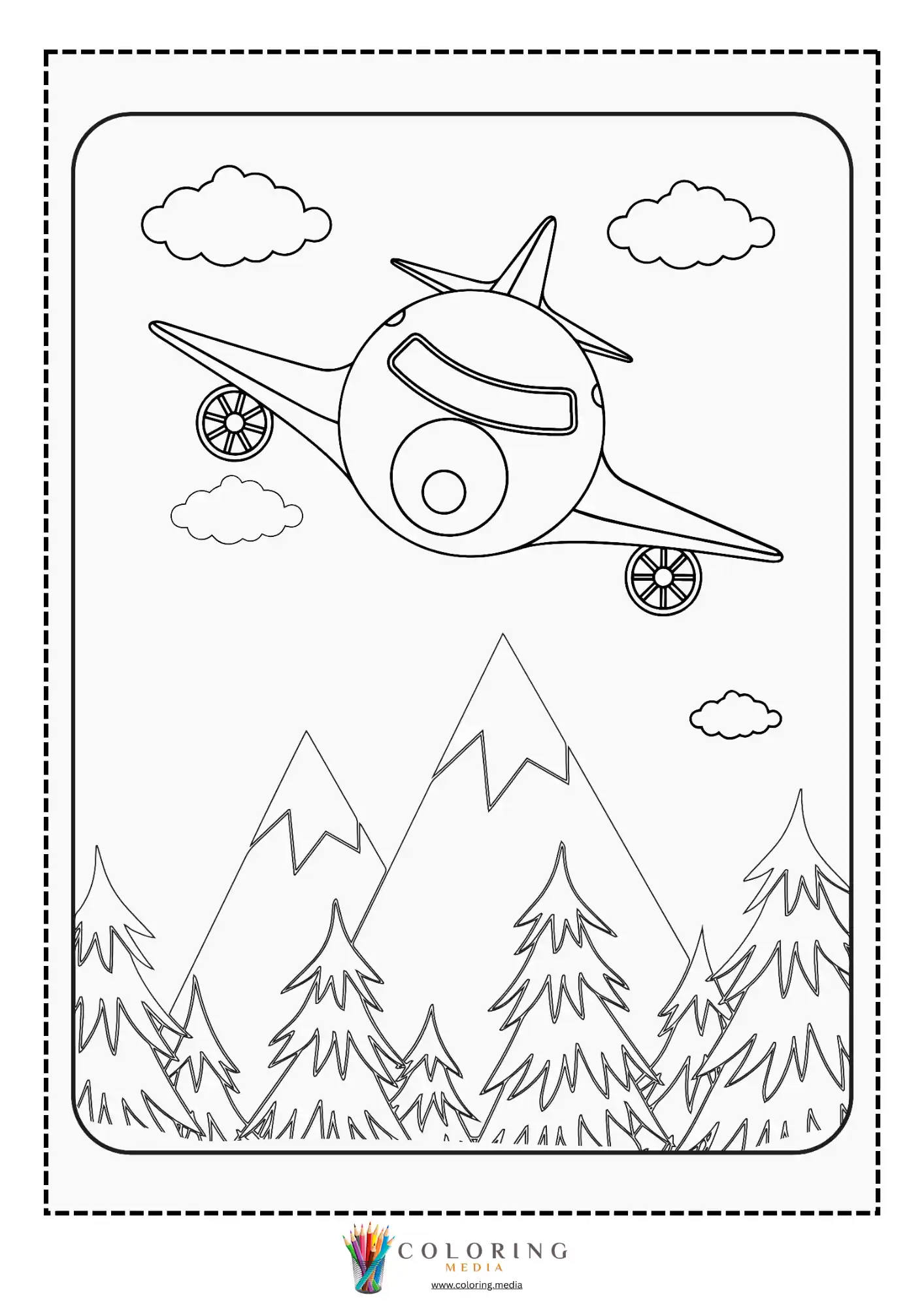 Airplane coloring page with propeller plane and clouds