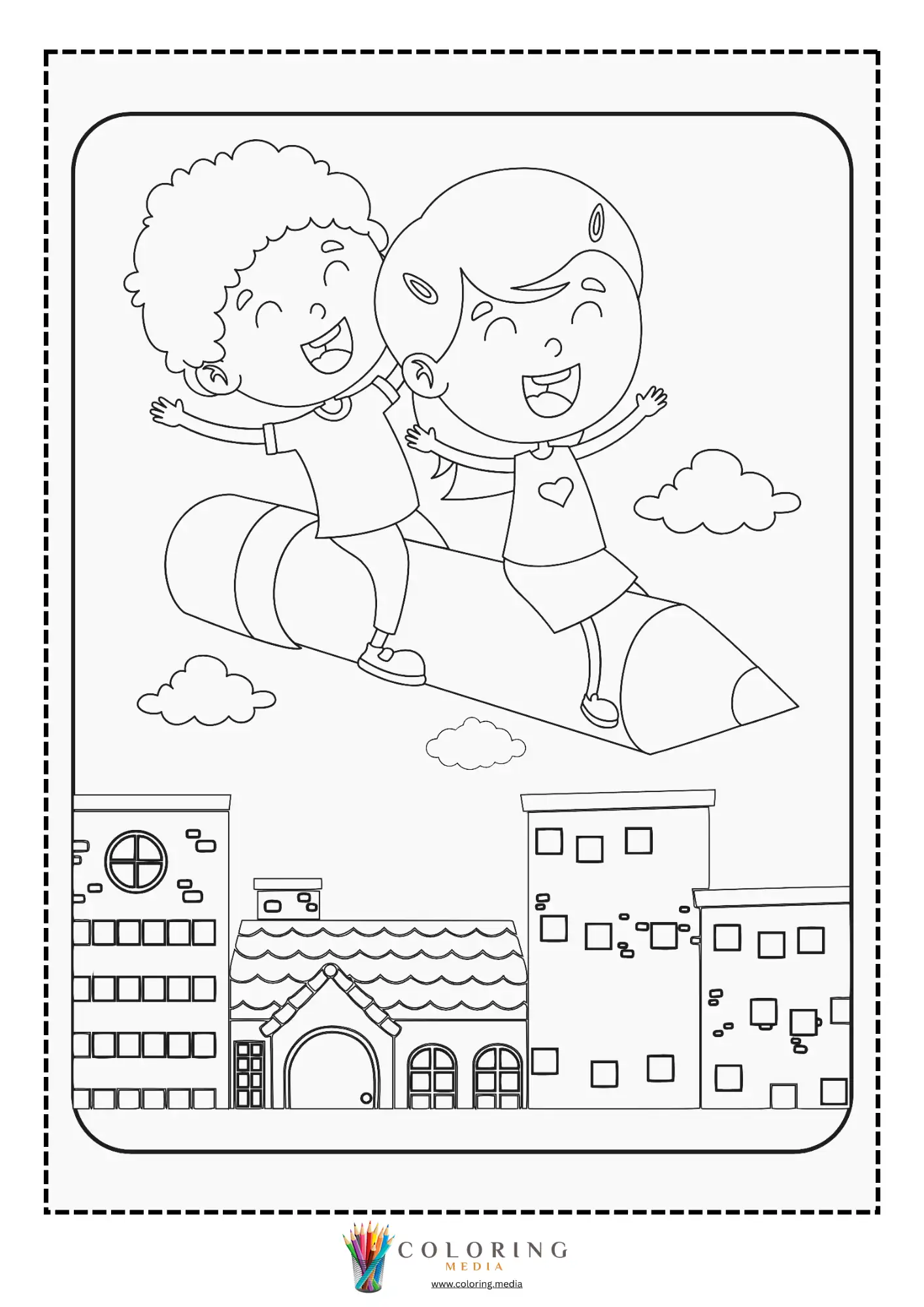 Airplane coloring page with jet flying through clouds