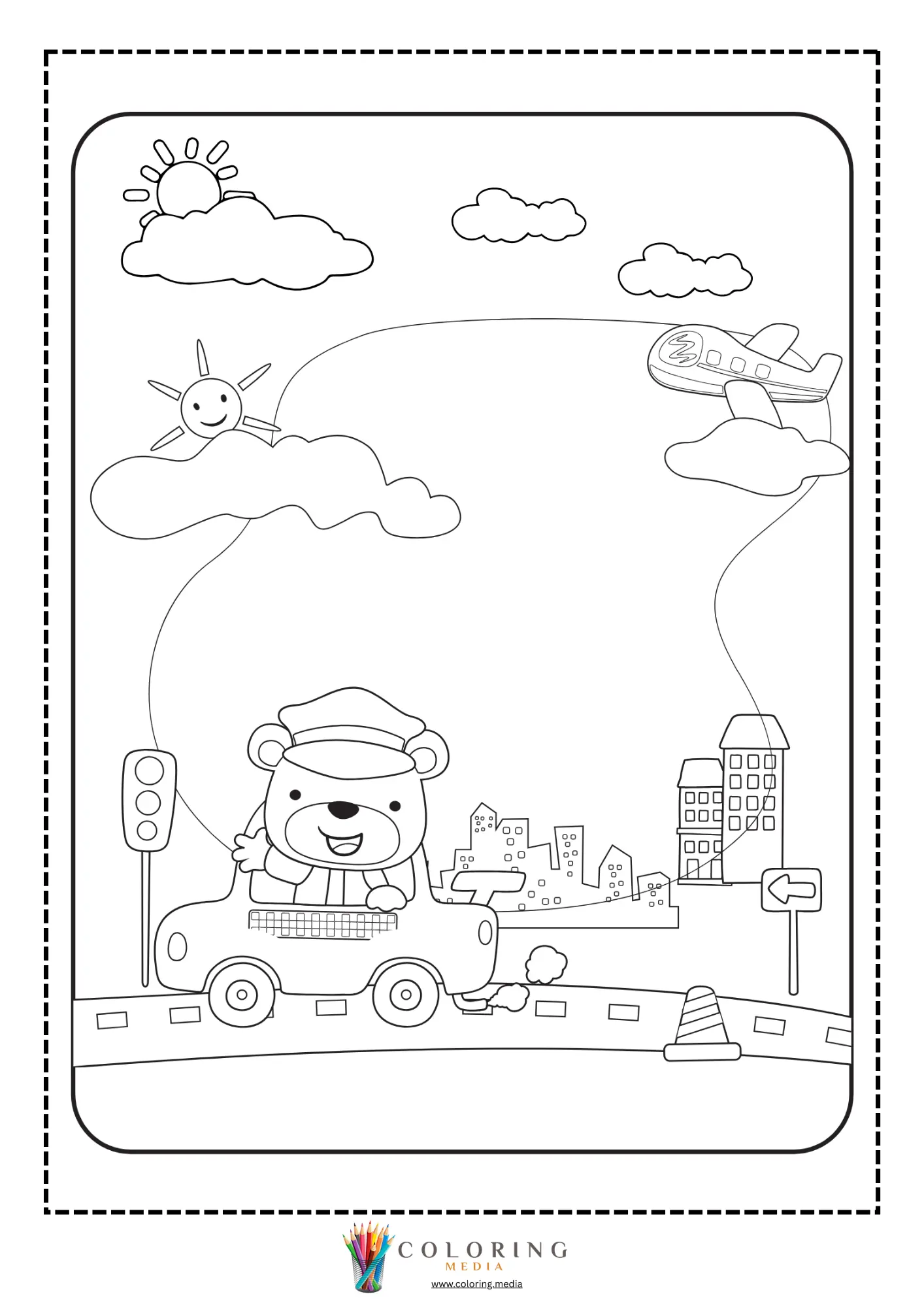 Airplane coloring page with cartoon airplane in the sky
