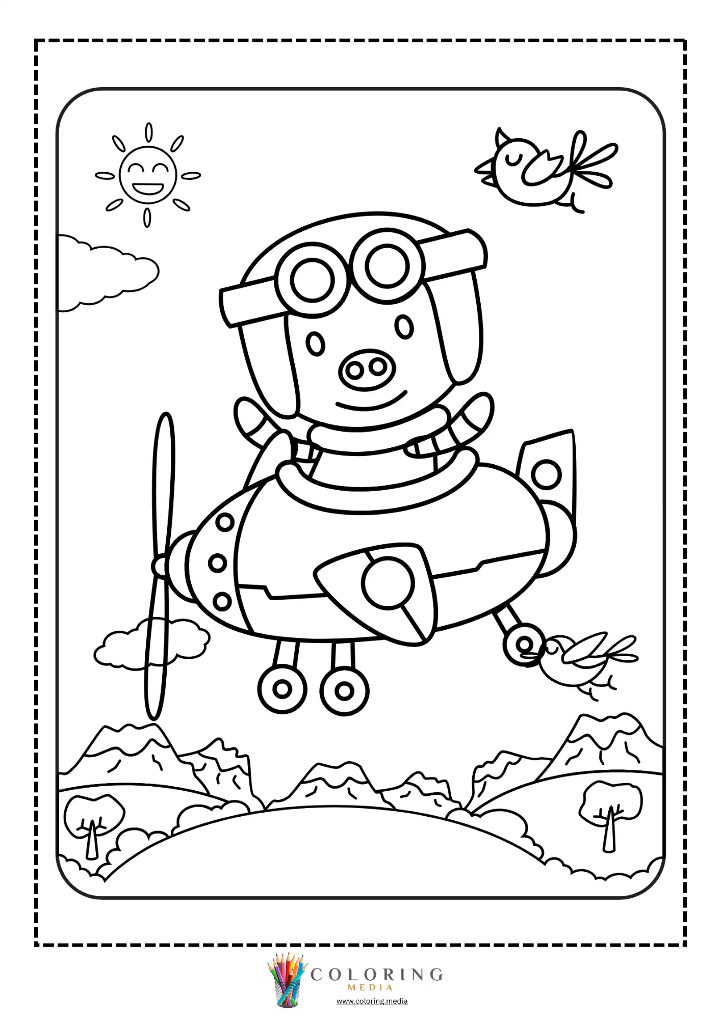 Airplane coloring page with plane and hot air balloons