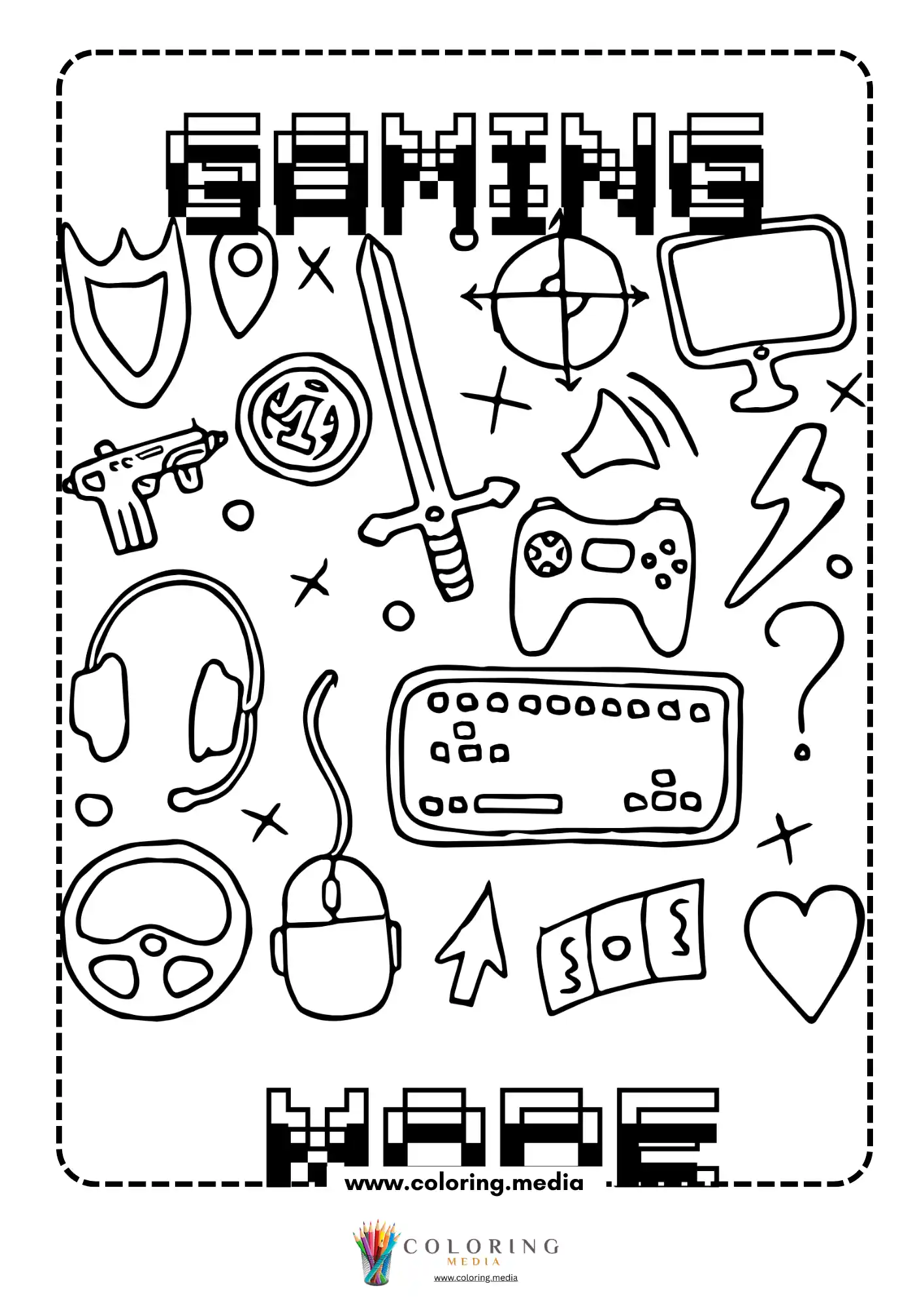 Retro video games coloring page with pixel arcade screen