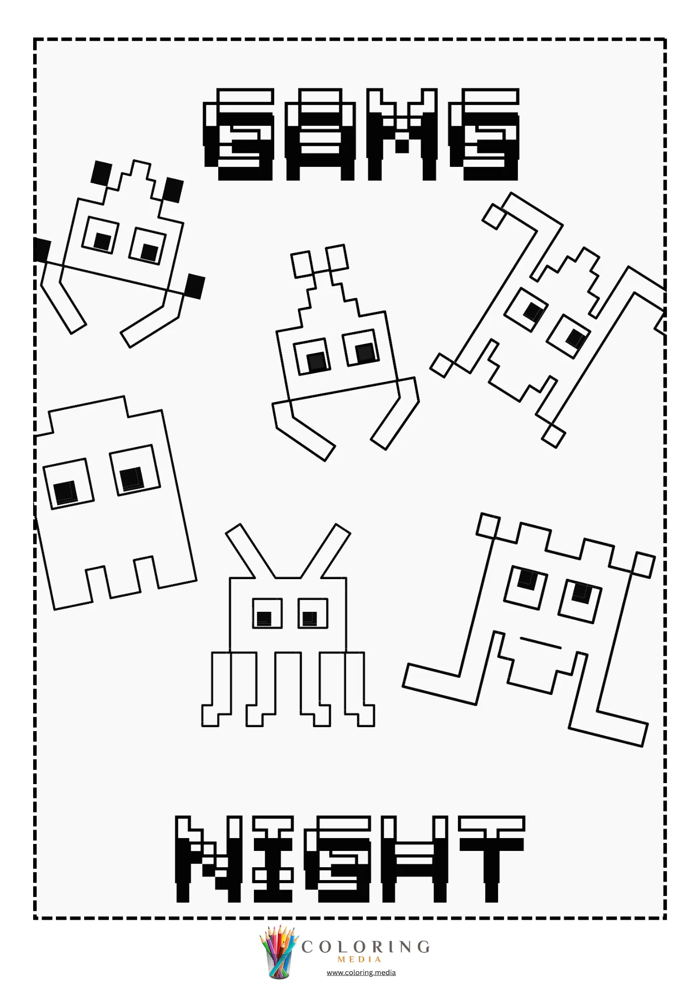 Retro video games coloring page with pixel spaceship